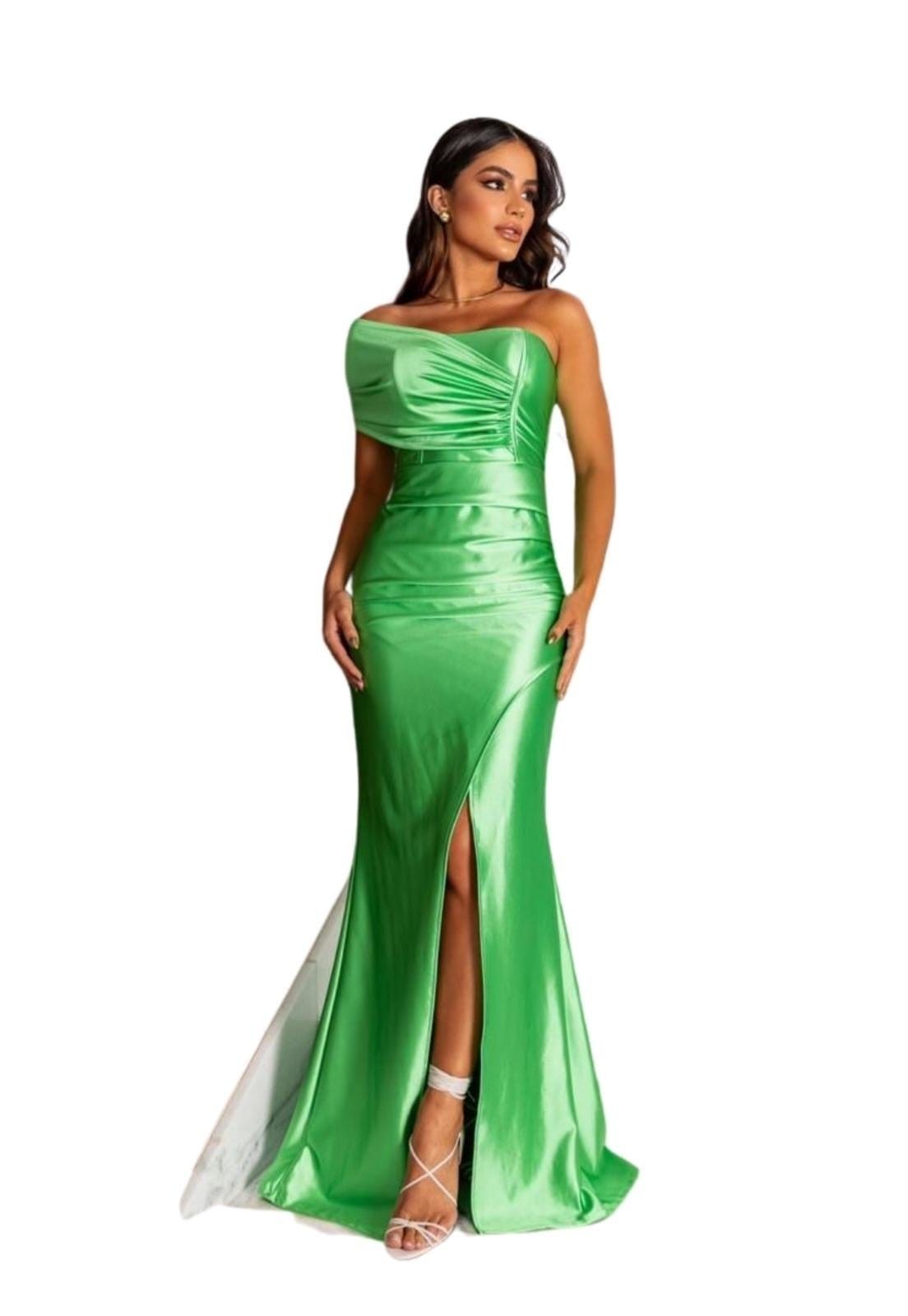 Vista principal Vestido Longo de Festa Acetinado Tubinho Sereia Tomara que caia um Ombro Fenda Kenya Limão Cia do Vestido verde