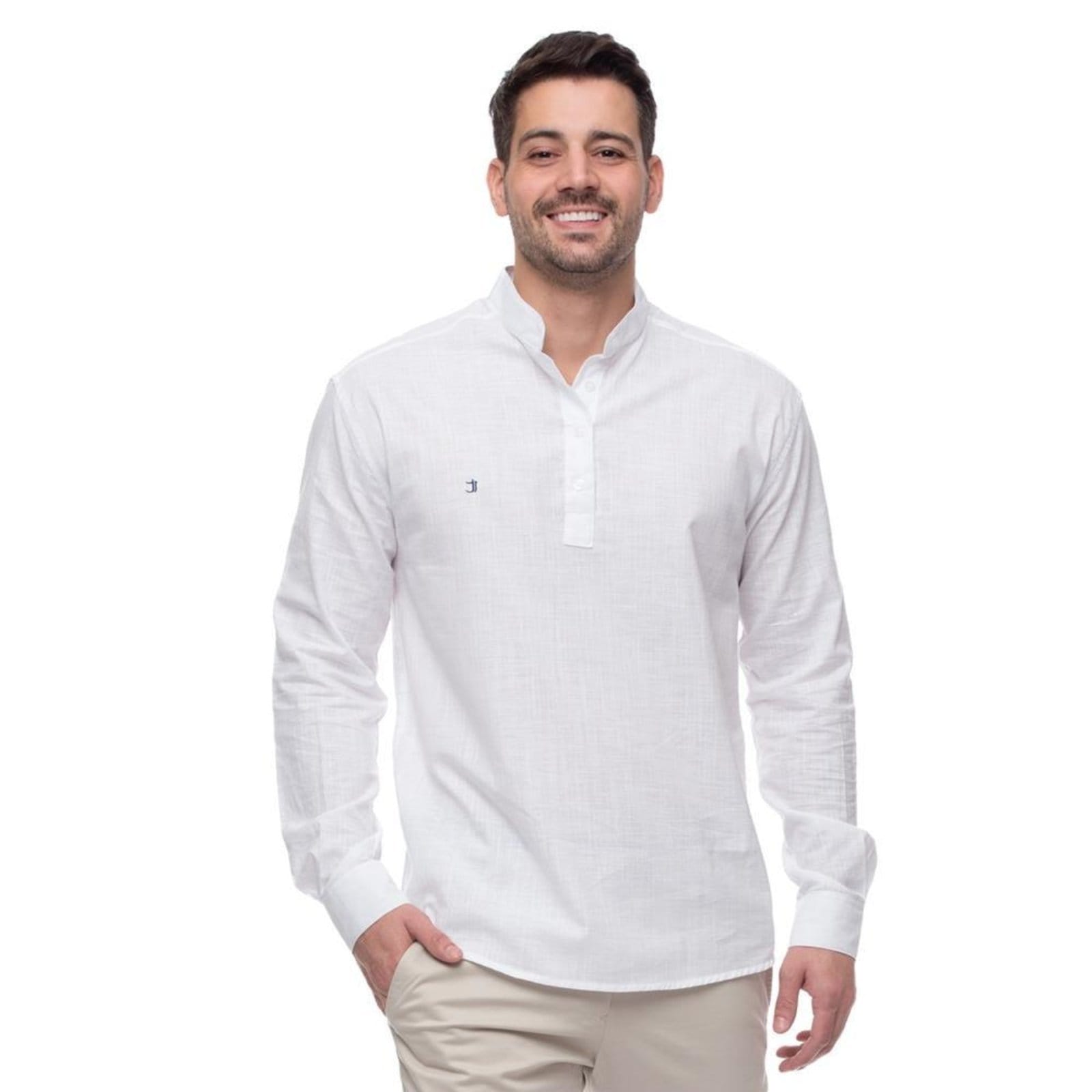 Camisa Social Bata Masculina Gola Padre Moderna Linho Casual Azul Claro P Branco