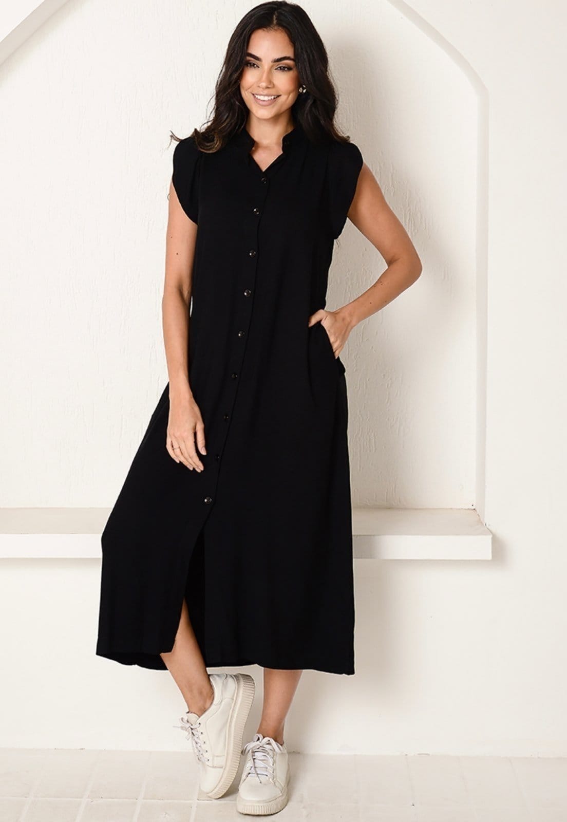 Vista 2 Vestido Chemise Midi Botões M/C B’Bonnie Sienna B'Bonnie preto