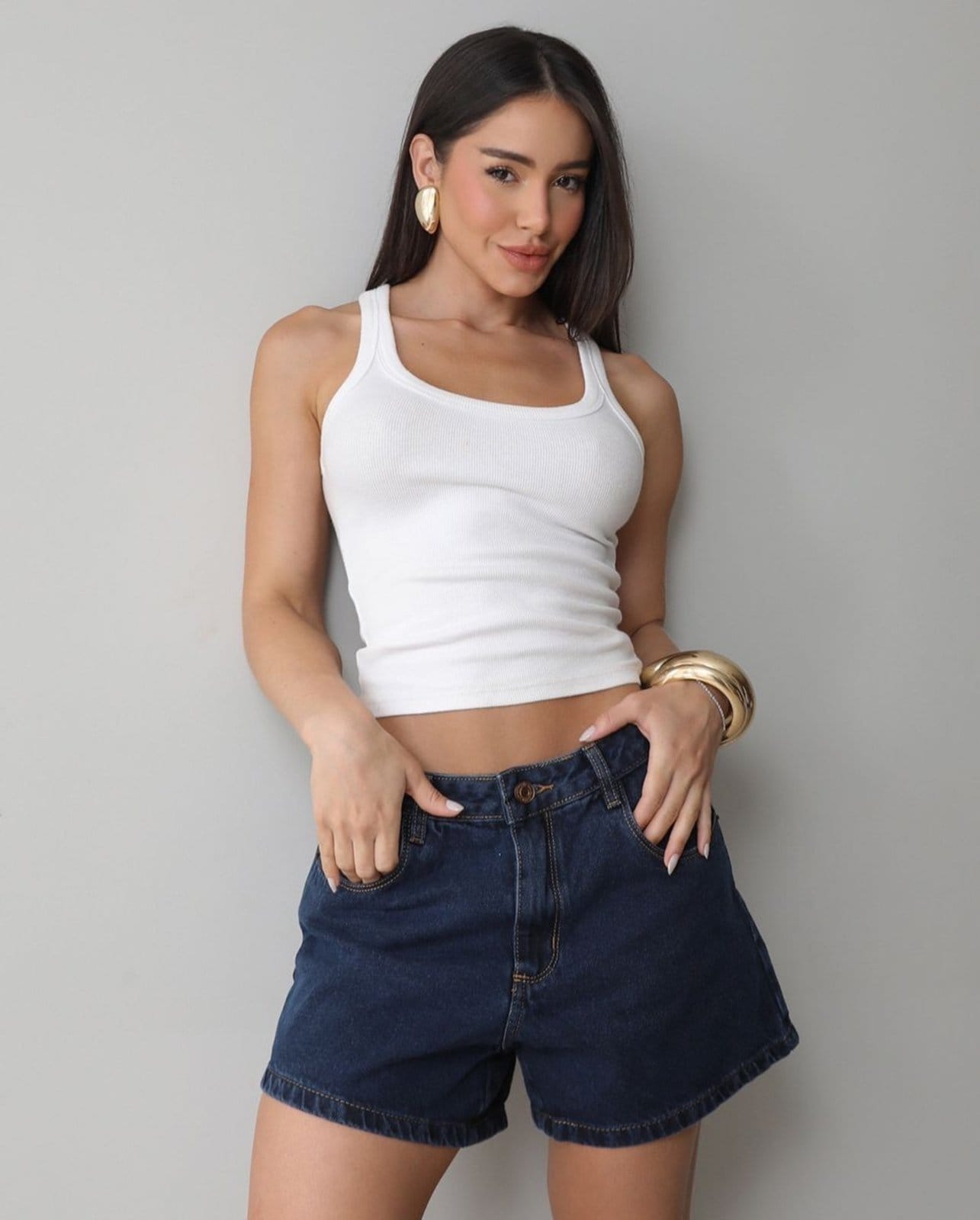 Shorts Jeans Mom Feminino Cintura Alta Básico 70101 Black Blue