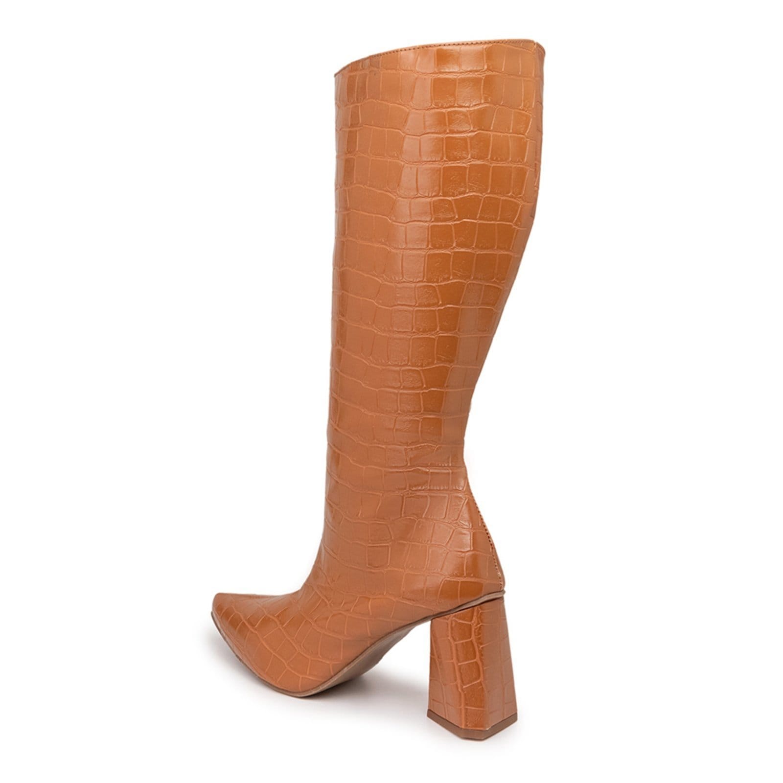 Vista 2 Bota Feminina Tendência Cano Longo Salto Triângulo 23020 Croco Whisky Flor da Pele caramelo