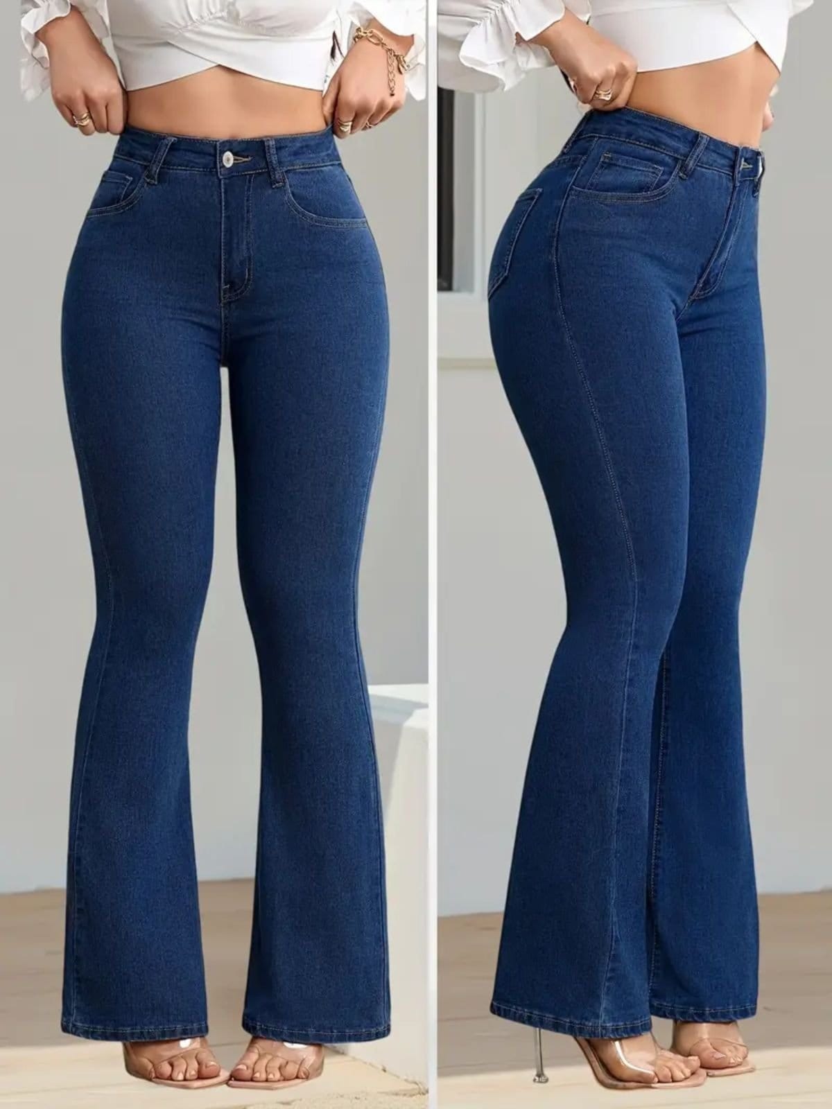 Vista 2 Calça Flare Jeans Feminina Kovali Premium Cintura Alta com Elastano Levanta Bumbum Estilo Gringa Escuro KOVALI FASHION STORE azul/jeans azul
