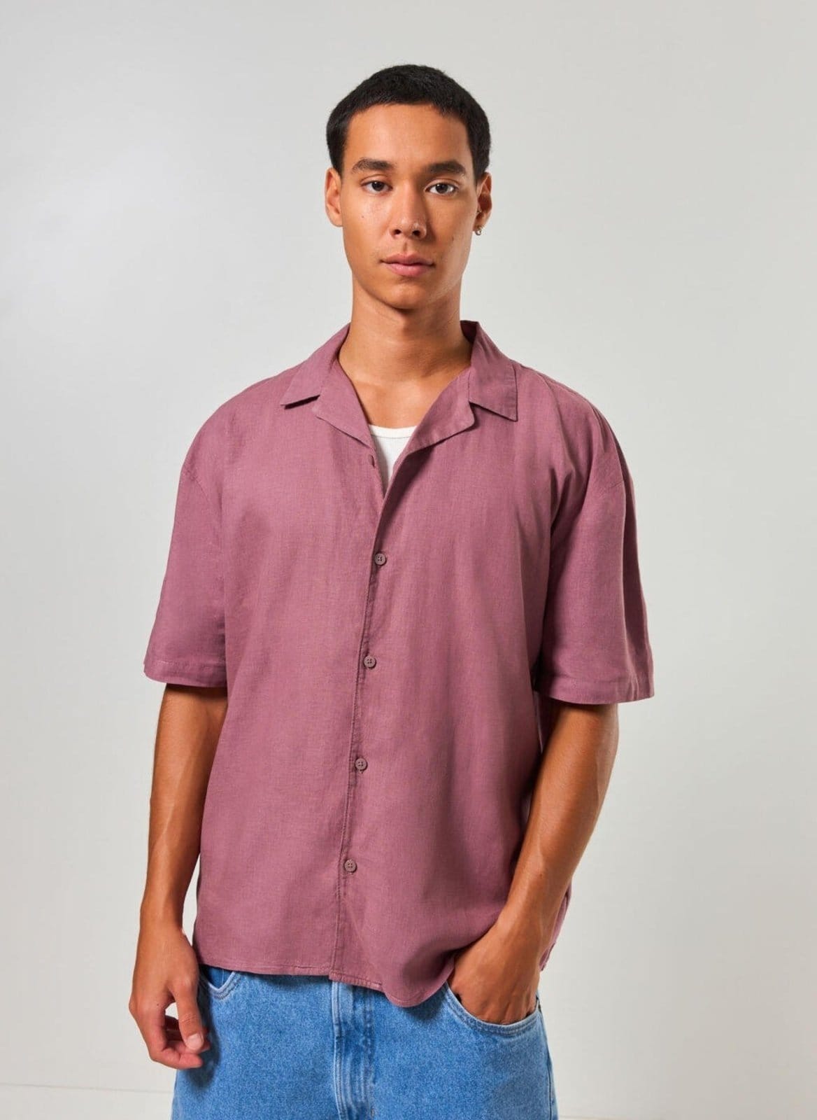 Vista 2 Camisa Box Estonada Em Linho Youcom roxo