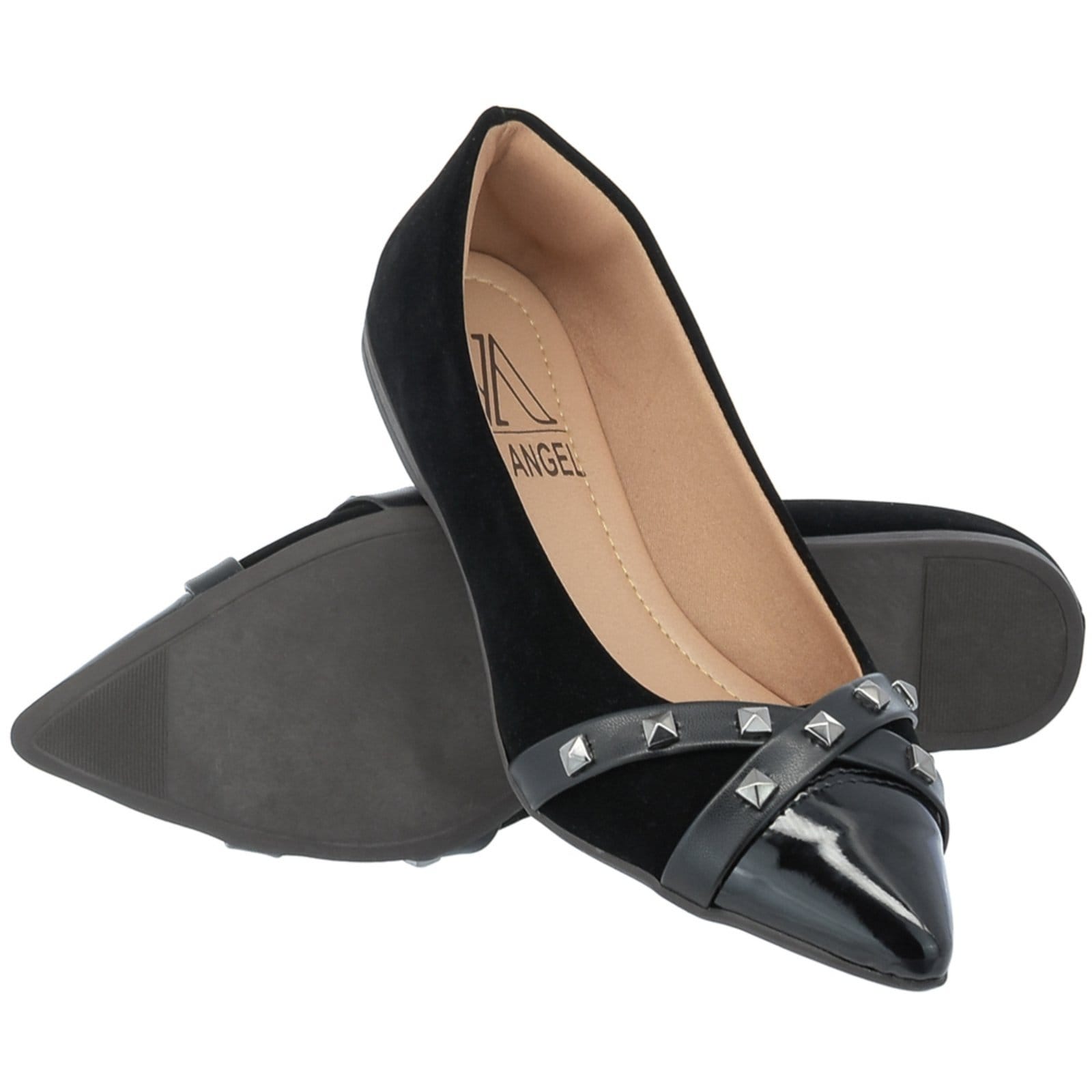 Vista principal Sapatilha Bico Agulha Feminina Com tachas Confort Via Angel 04 16.04 VIA ANGEL preto