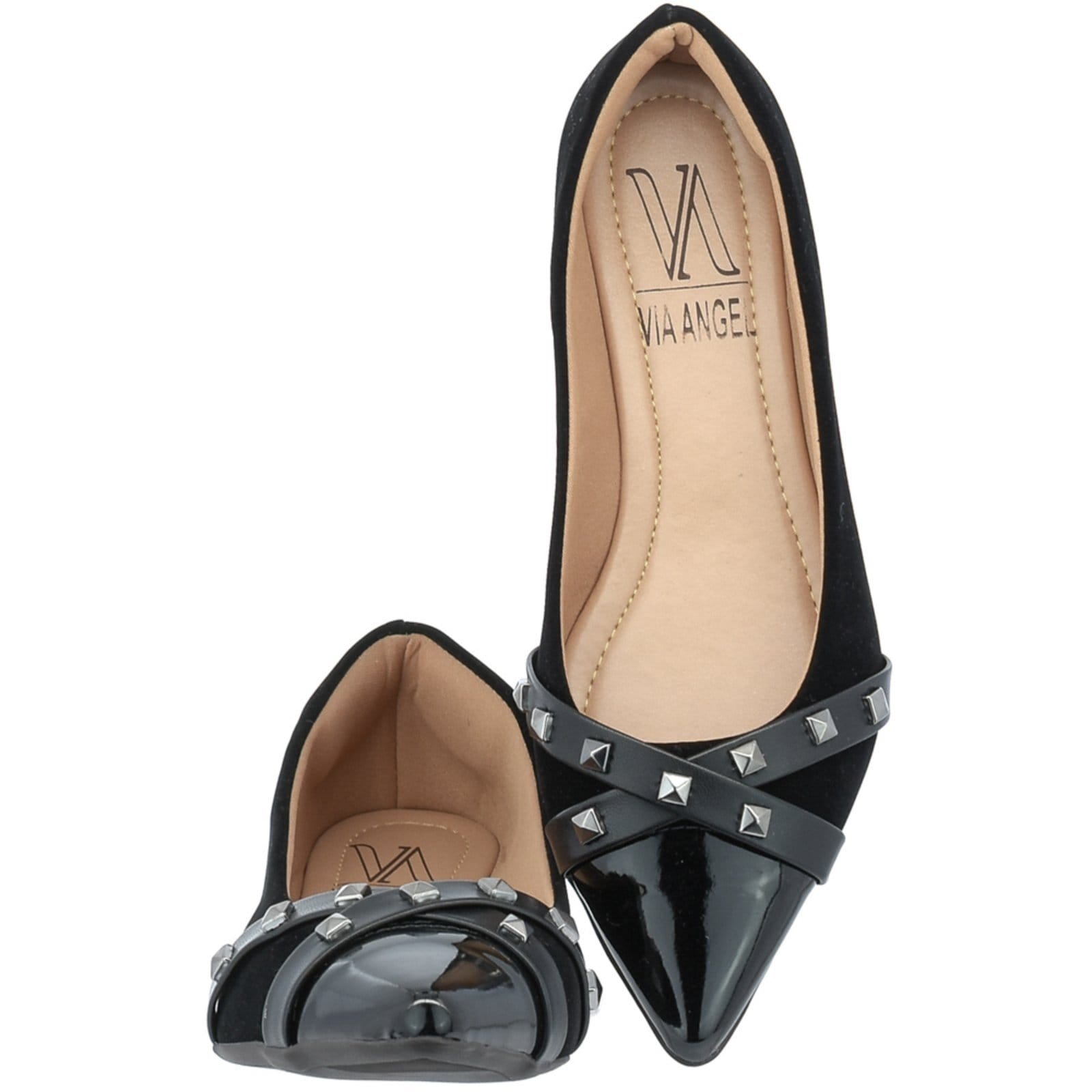 Vista 2 Sapatilha Bico Agulha Feminina Com tachas Confort Via Angel 04 16.04 VIA ANGEL preto