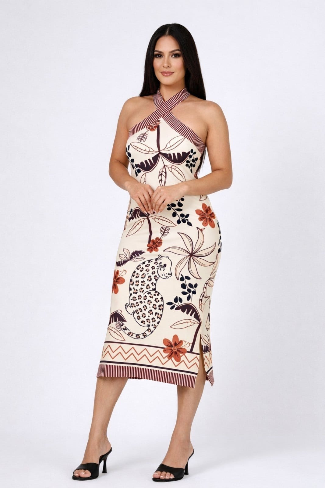 Vestido Midi D Bell Outlet Fashion Estampa Savana Off-White