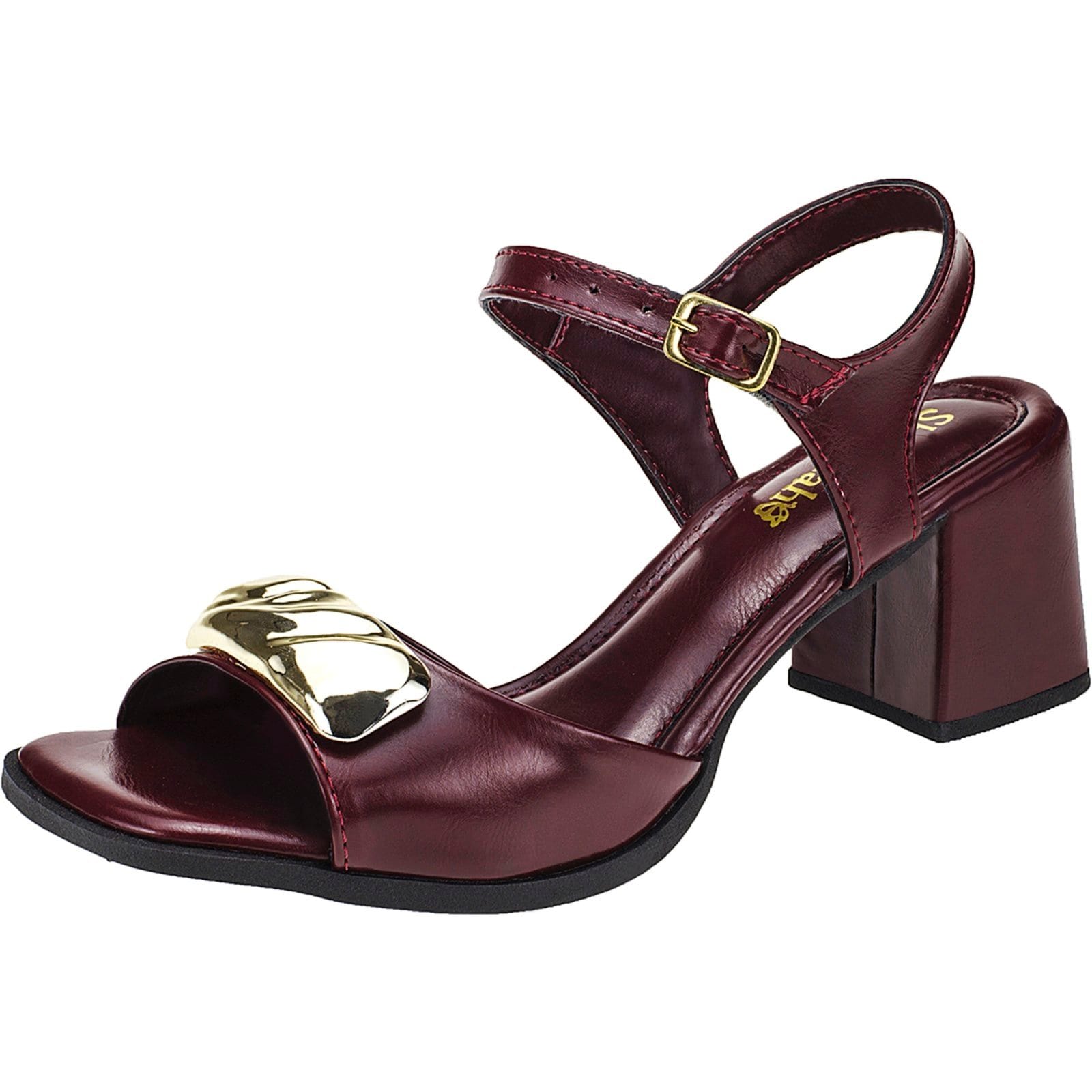 Sandália Feminina Salto Bloco Shekinah Elegante Detalhe Metalizado Confortável Marsala