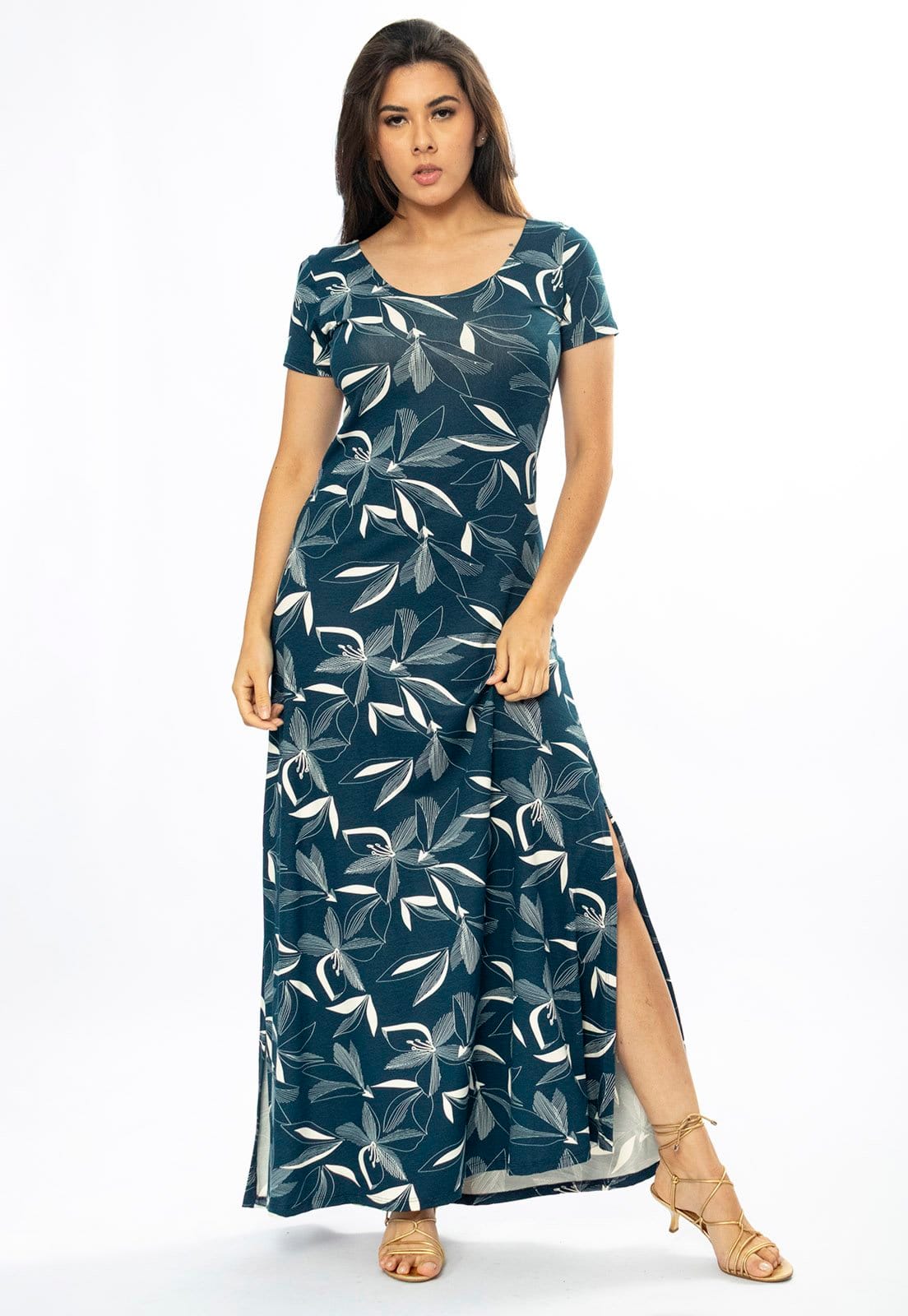 Vestido Longo Cabanafree Malha Gola Canoa Manga Curta Estampa Hibisco Blue