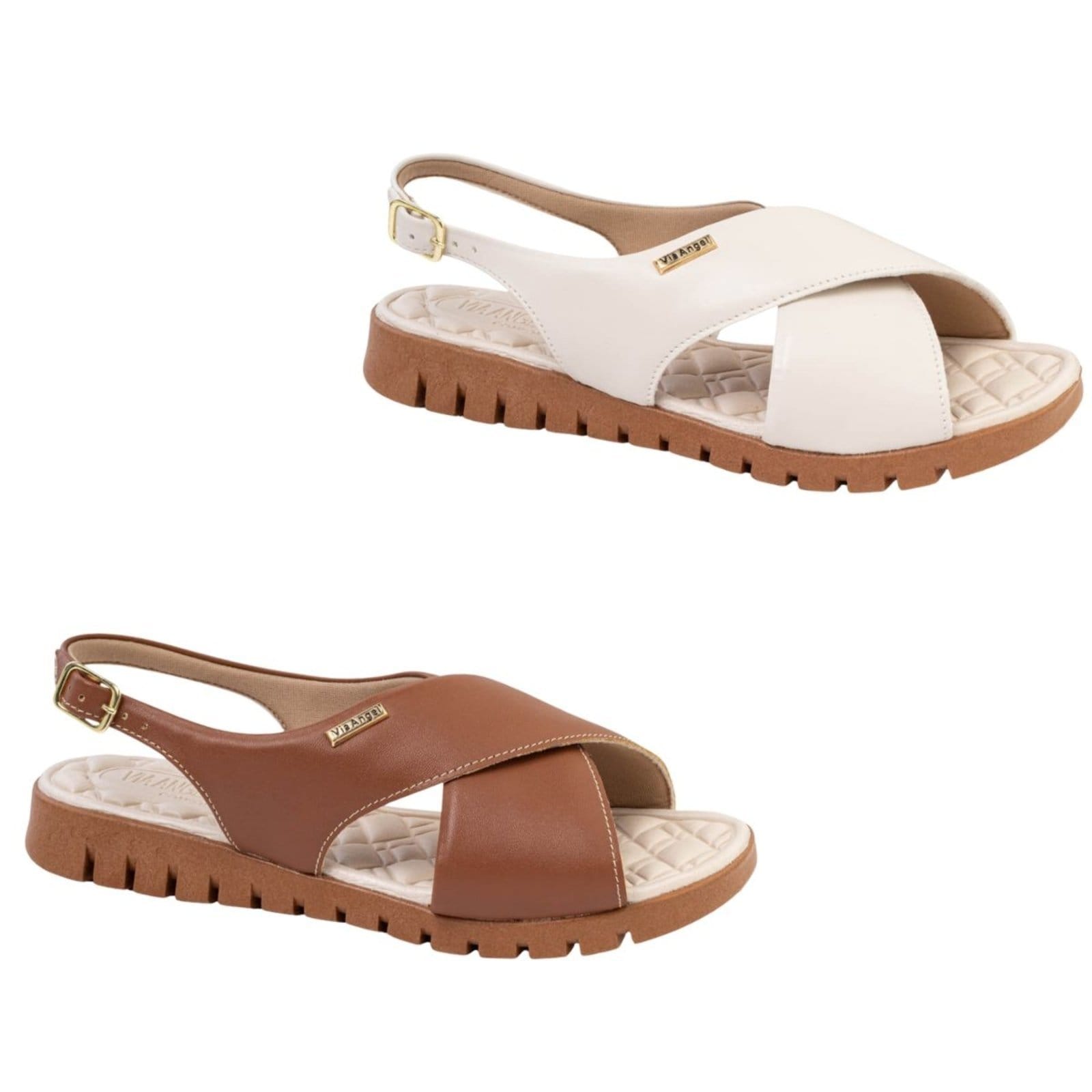 KIT 2 Sandália Feminina Ortopédica Via Angel Tratorada de X Confortável Estilosa 76.05 Caramelo e Off