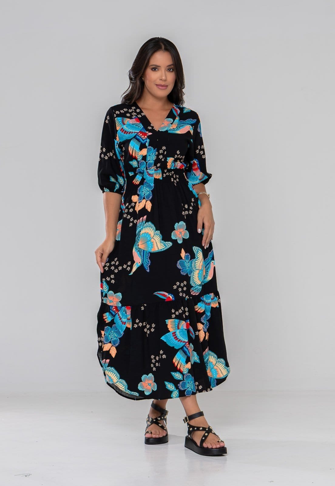 Vista principal Vestido Aura Joana Pássaros Sintonia Aura preto