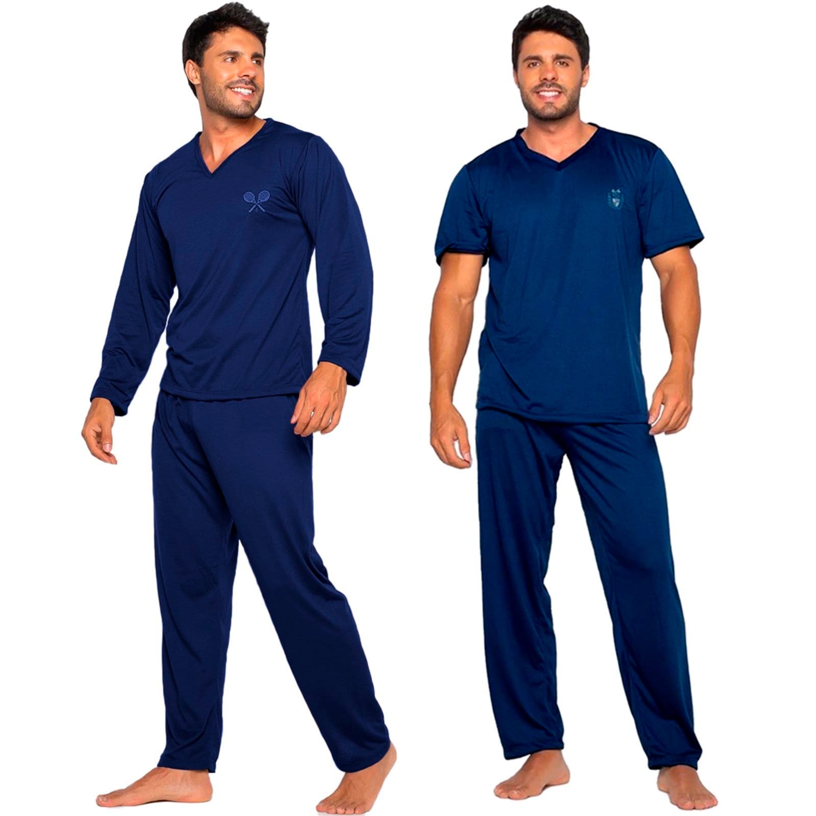 Vista principal Kit Trajes de Dormir Gabi Lingerie Lisos Poliéster Pijama Masculino Conforto Manga Curta e Manga Longa Marinho Gabi Lingerie azul/azul marinho azul