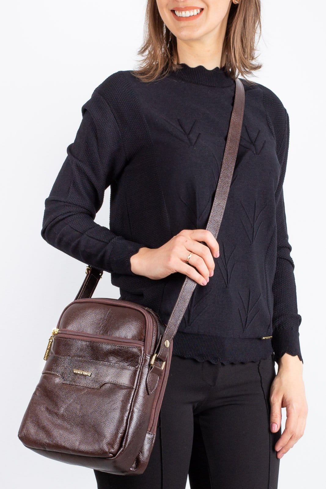 Bolsa Andrea Vinci Transversal De Couro Liso Com Divisórias Fernanda