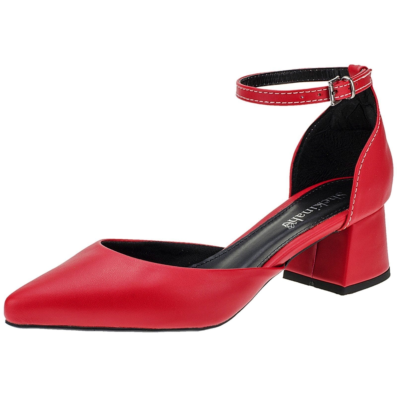 Sapato Feminino Scarpin Bico Fino Salto Bloco Grosso Saia e Blusa Salomé Shekinah Moda Festa