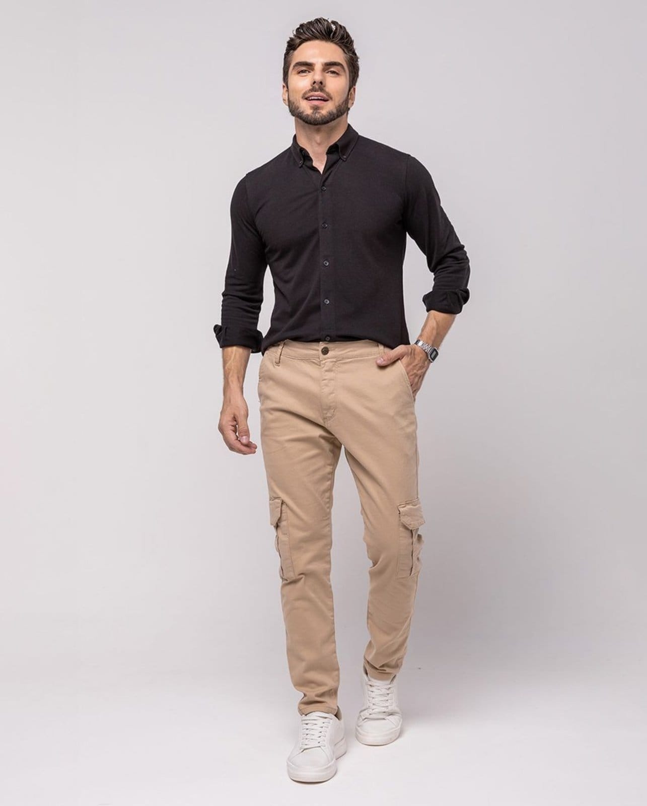 Vista principal Calça Sarja Cargo Masculina Premium Cargo 24634 Bege Consciência azul