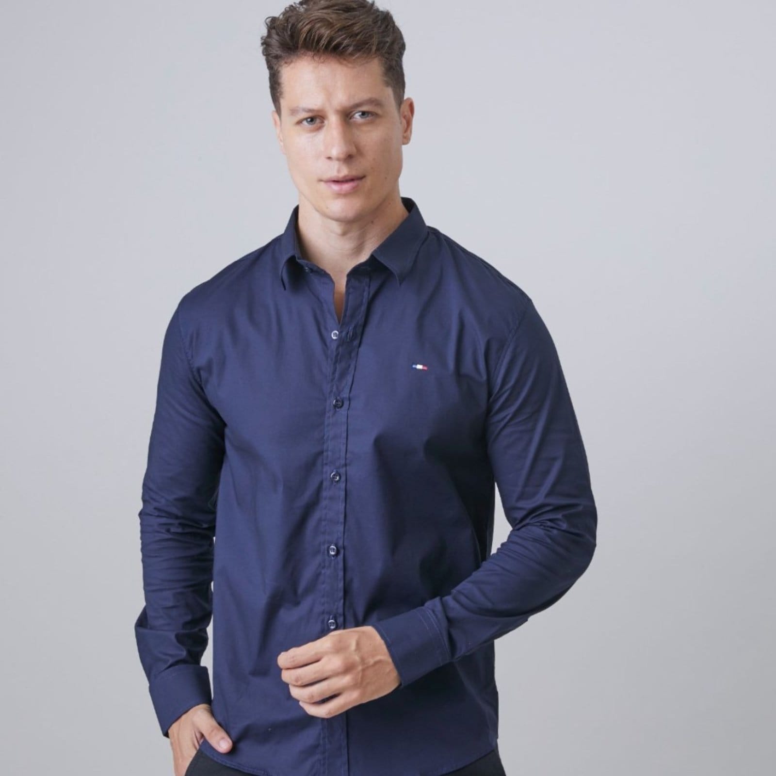 Camisa Social Masculina FMF Marinho Itália Premium Slim Fit Manga Longa