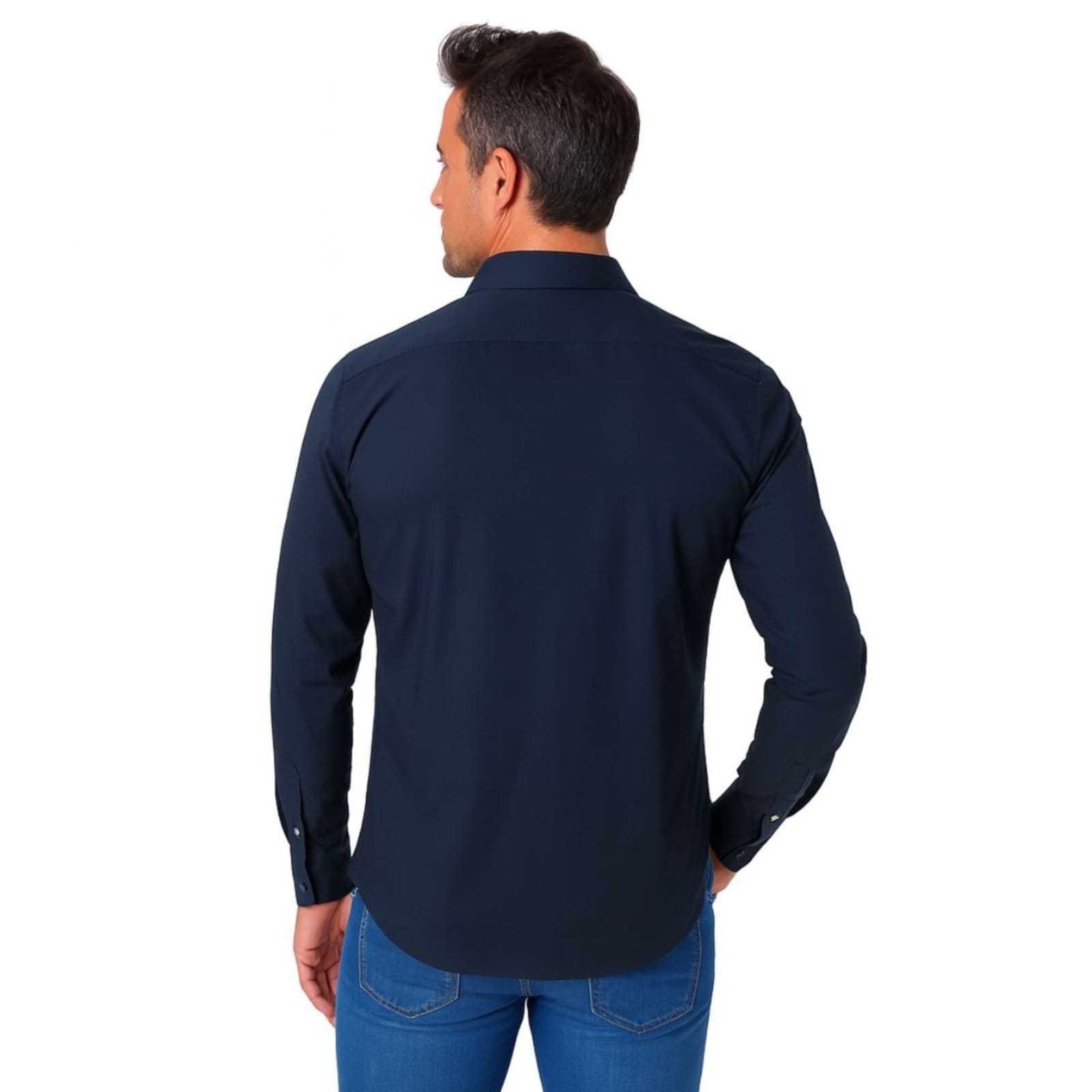 Vista 2 Camisa Social Masculina FMF Marinho Itália Premium Slim Fit Manga Longa FMF azul marinho