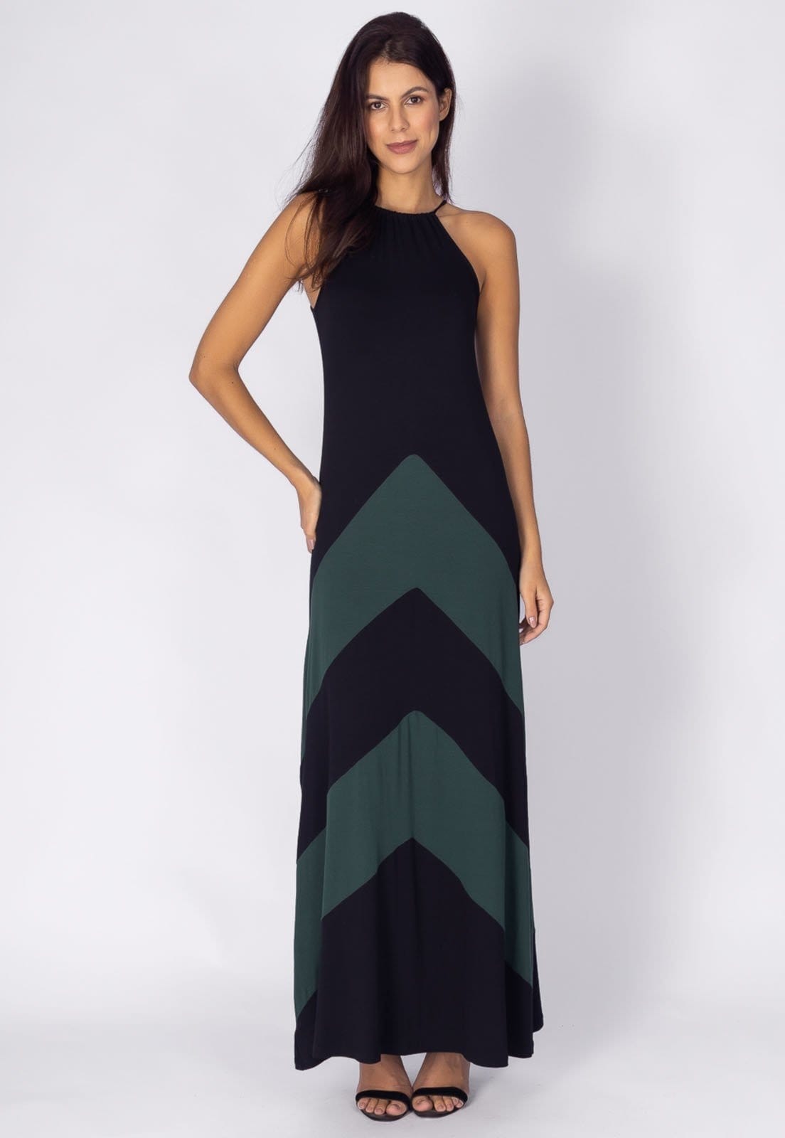 Vista 2 Vestido Longo Amazonia Vital Malha Trapézio Garota de Ipanema e Verde Musgo Amazonia Vital preto/verde verde