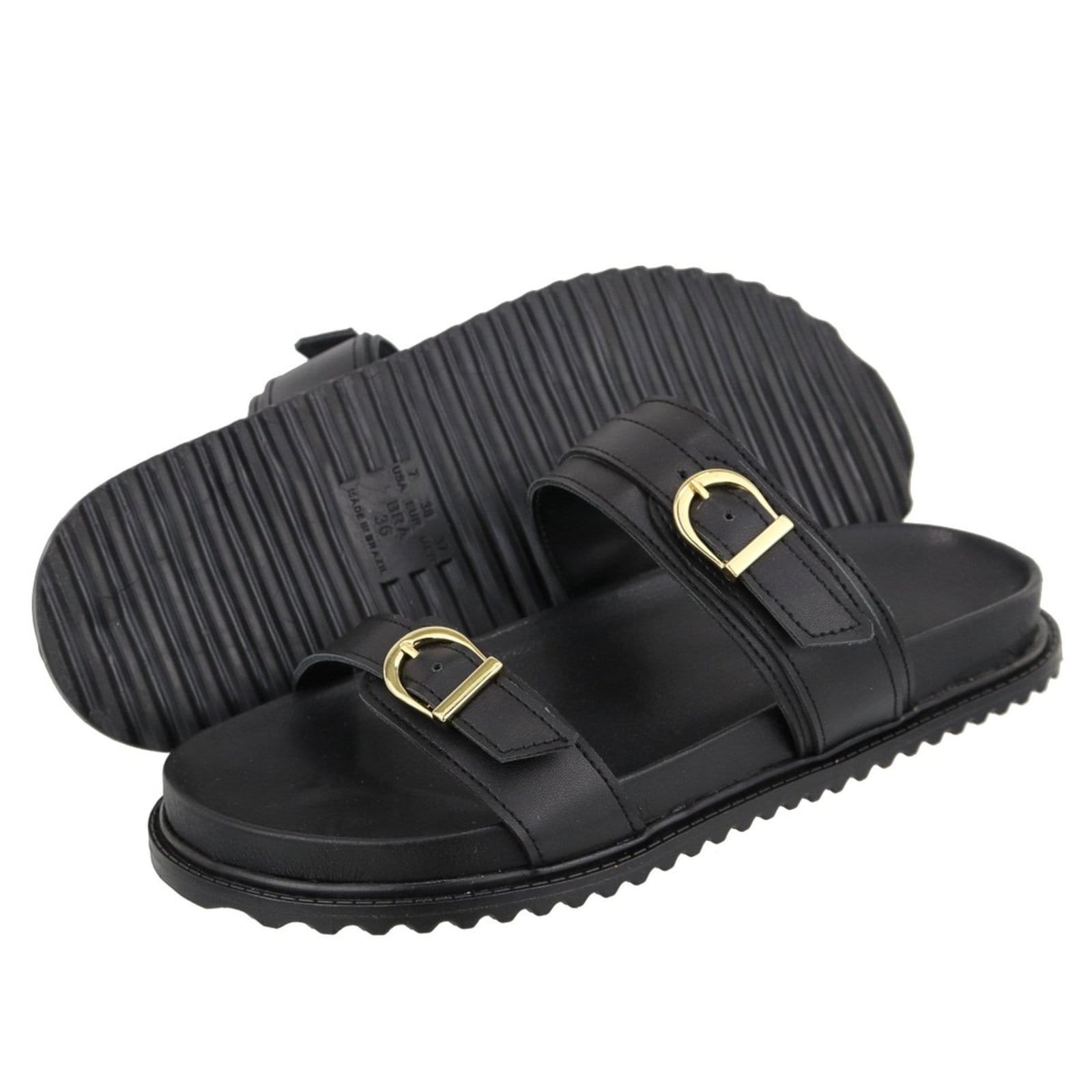 Vista 2 Sandalia Papete Rasteira Flat Feminina Preta Fivelas TELLINI STORE preto