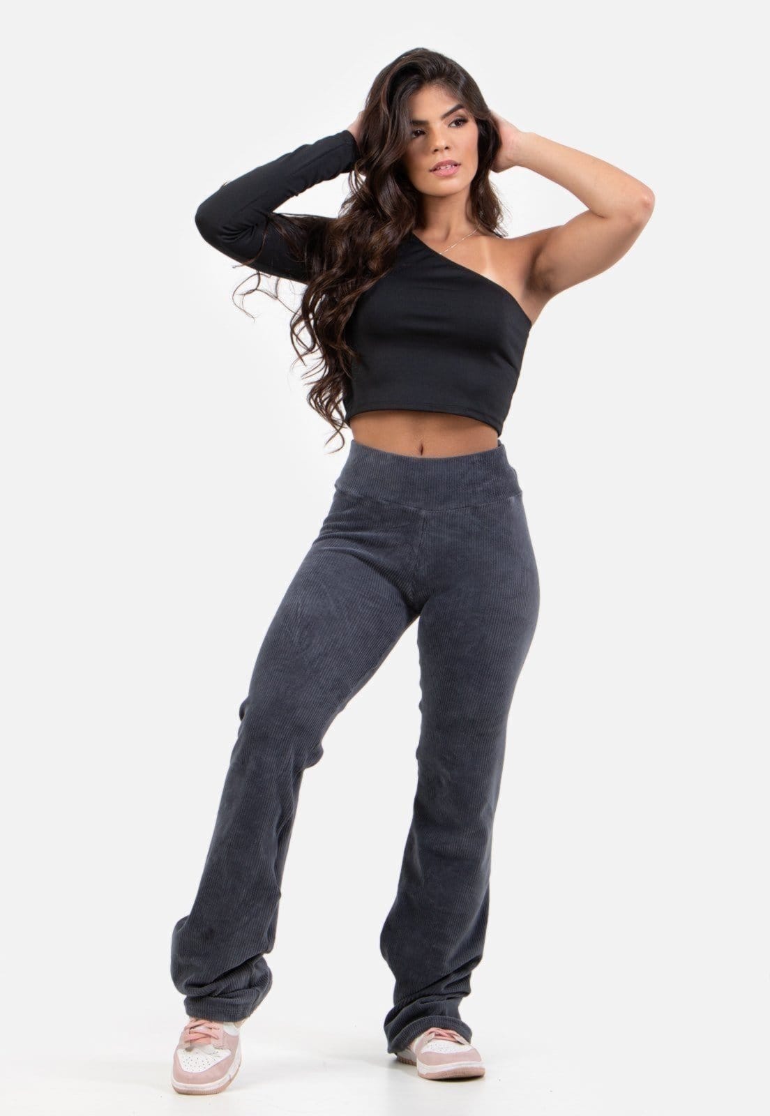 Calça Flare Rioutlet Veludo Cotelê Cintura Alta Chumbo