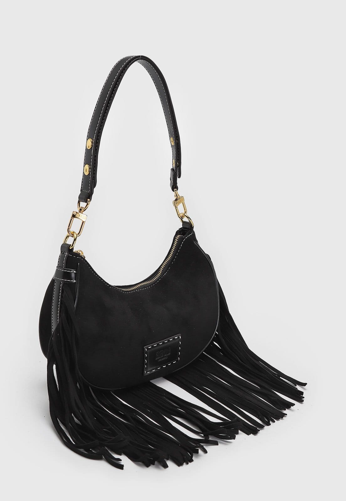 Vista 2 Bolsa Média Feminina Santa Lolla Franjas Preta Santa Lolla preto