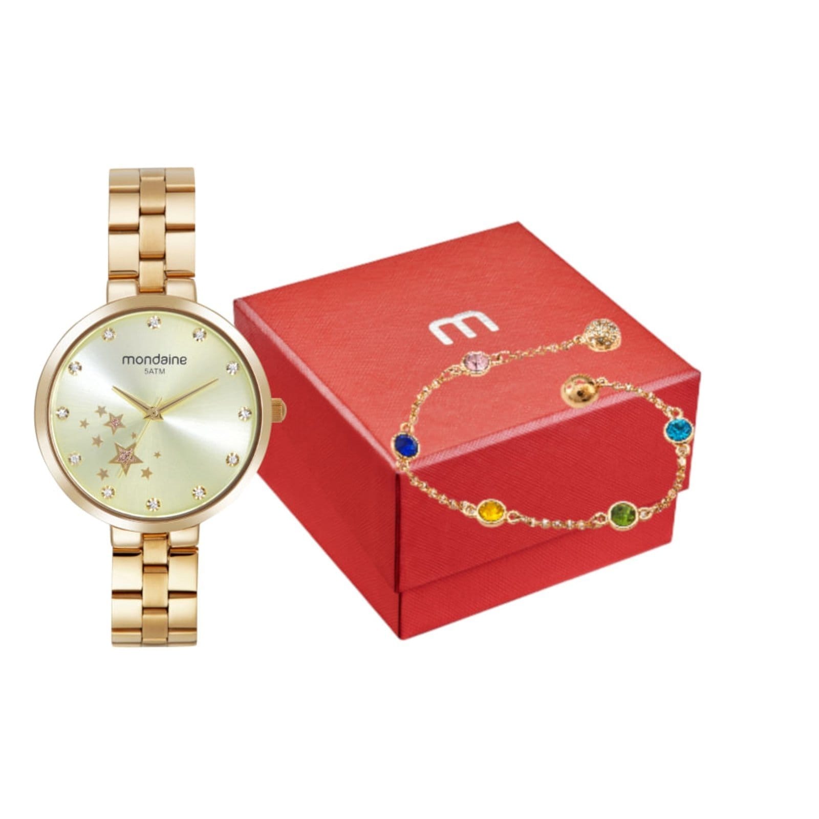 Vista principal Kit Relógio Feminino Estrelas com Pulseira Cristais Colorida Mondaine dourado