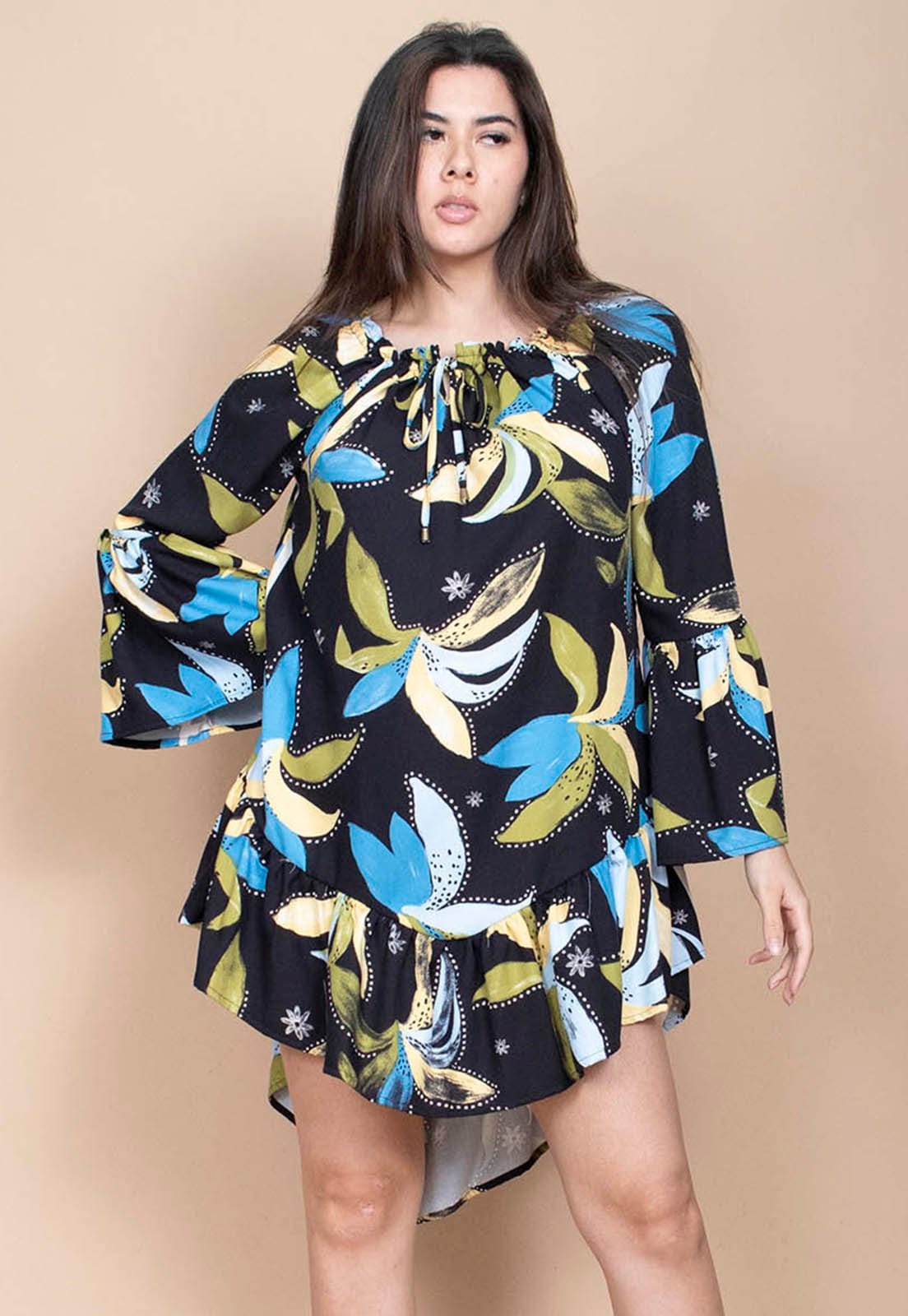 Vista 2 Vestido Curto Cabanafree Viscose Com Babados Estampa Jardim Noturno Cabanafree azul/estampado/verde