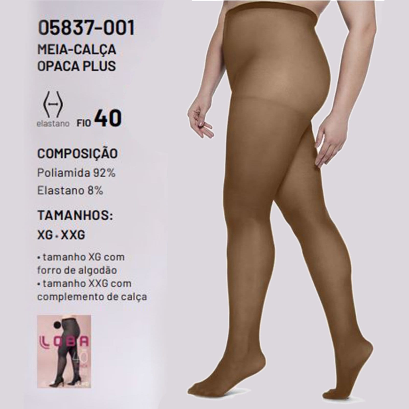 Vista 2 Meia Calça Opaca Plus Loba Com Elastano Fio 40 05837 Pó de Arroz Lupo bege