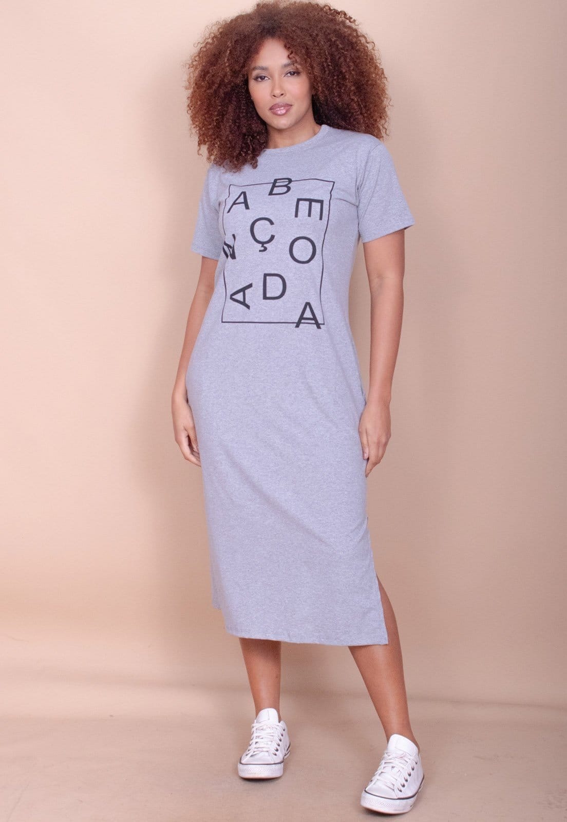 Vista 2 Vestido Midi Cabanafree Algodão Manga Curta Moda Evangélica Mescla Cabanafree cinza/estampado