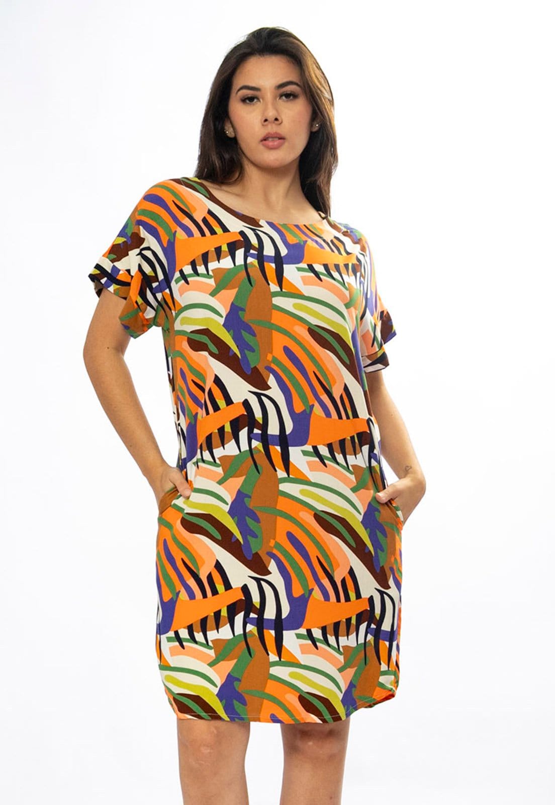 Vista principal Vestido Curto Cabanafree Viscose com Bolso Estampa Cores Vibrantes Cabanafree azul/estampado/laranja