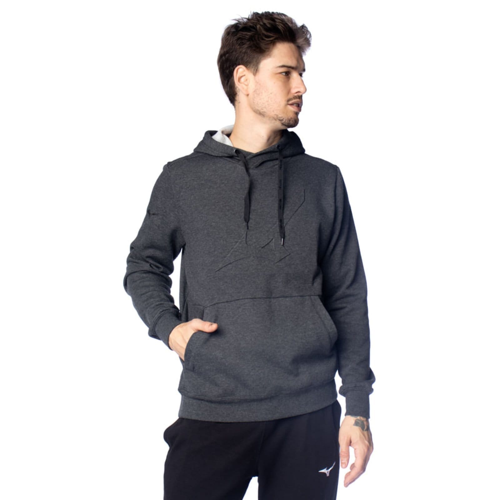 Vista principal Moletom Masculino Mizuno Capuz Logo Relevo Mescla/Preto Mizuno cinza