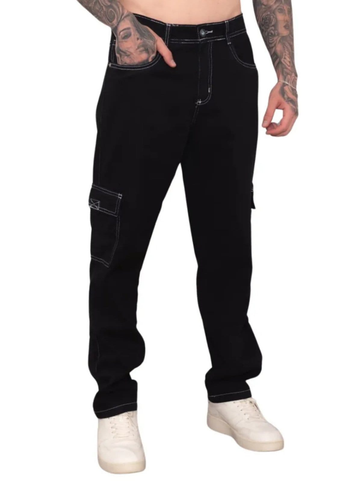 Calça Masculina Jeans Light Cargo Costura Branca