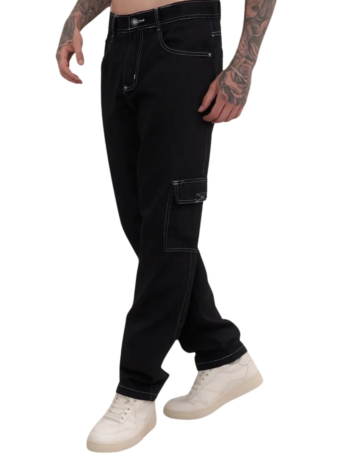 Vista 2 Calça Masculina Jeans Light Cargo Costura Branca JEANS LIGHT preto