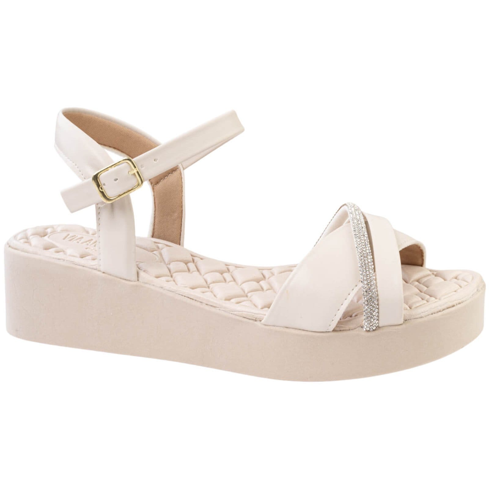 Sandália Anabela Feminina Ortopédica Strass Confortável Versátil Estilosa Via Angel 8502 Off White