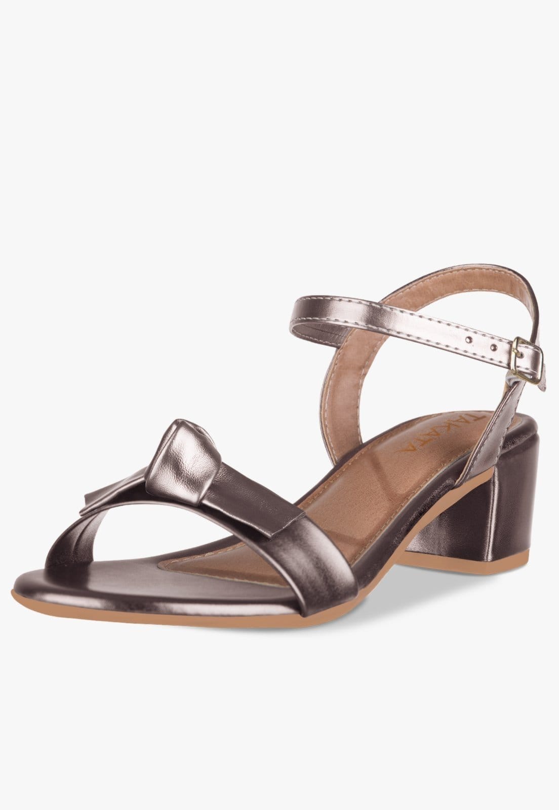 Vista principal Sandália Feminina Salto Baixo Bloco Grosso Casual Confortável Laço Nó Metalizada TAKATA BY RAFAEL TAKATA prata velho