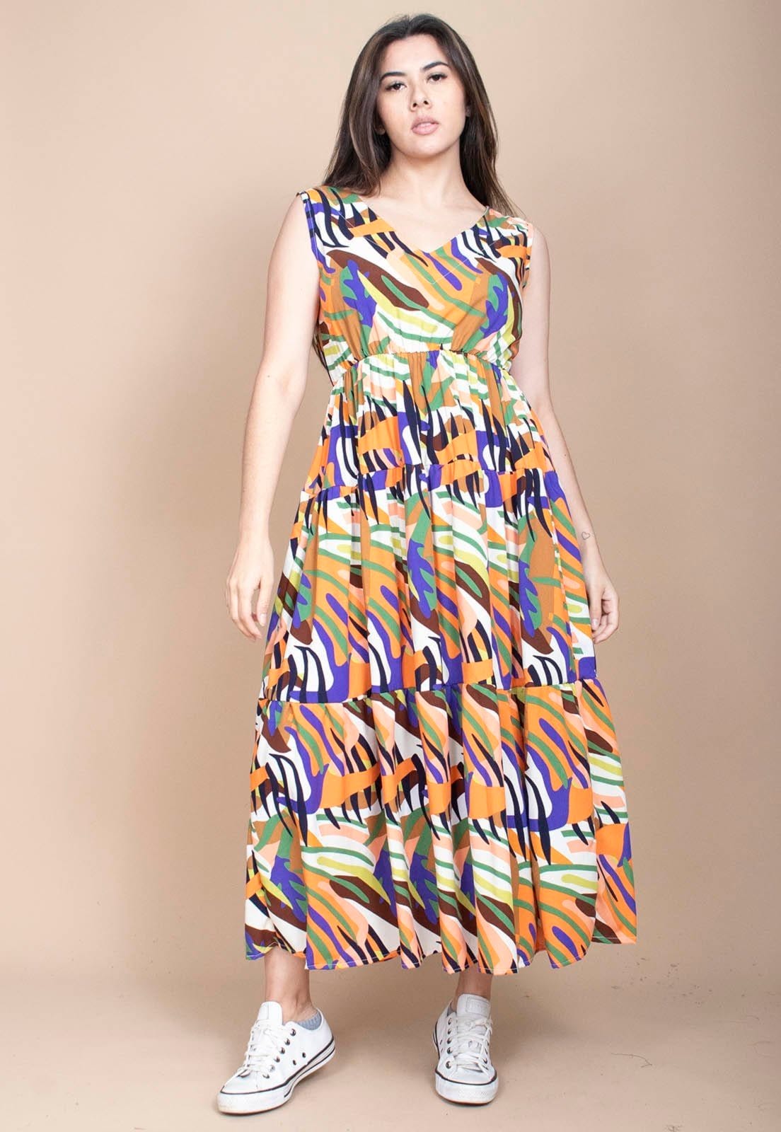 Vista 2 Vestido Cabanafree Regata Longo Peri Viscose Camadas Estampa Cores Vibrante Cabanafree azul/estampado/laranja/verde