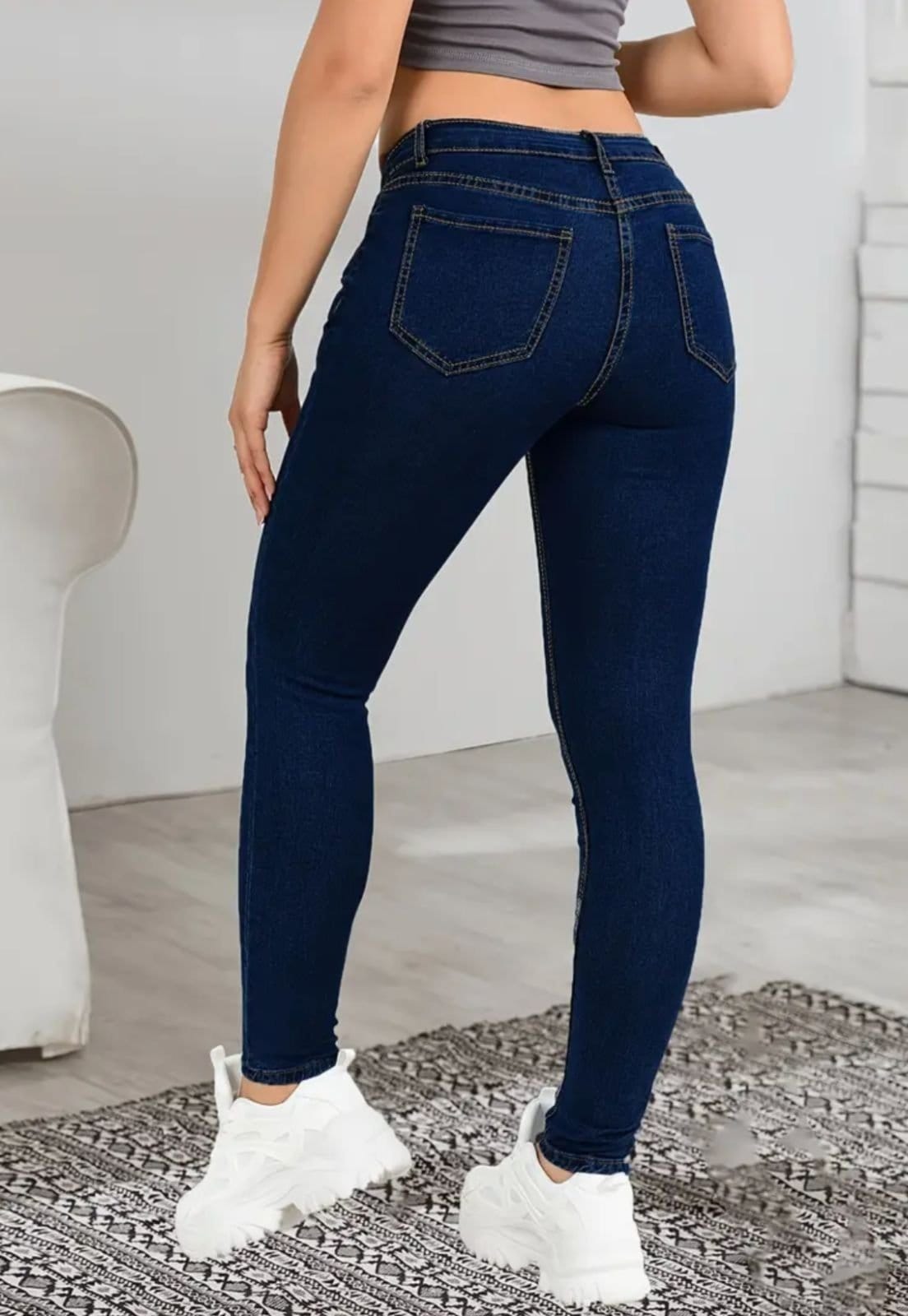 Vista 2 Calça Jeans Feminina Skinny Premium Modela o Corpo Cintura Alta com Elastano Lavagem Escura ED E A E JEANS azul/azul marinho