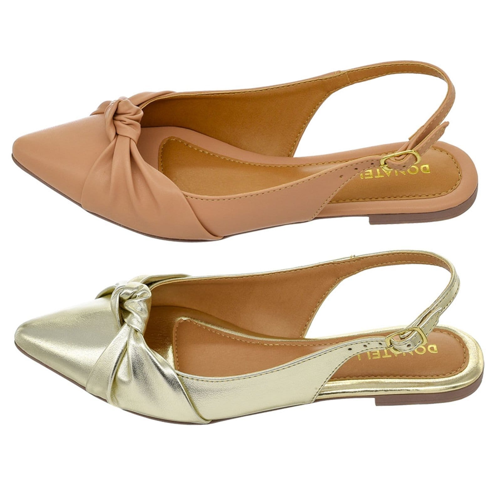Kit 2 Pares Mule Feminino Sapatilha Bico Fino Donatella Shoes Rasteira Slingback Nó Ouro Light e Nude