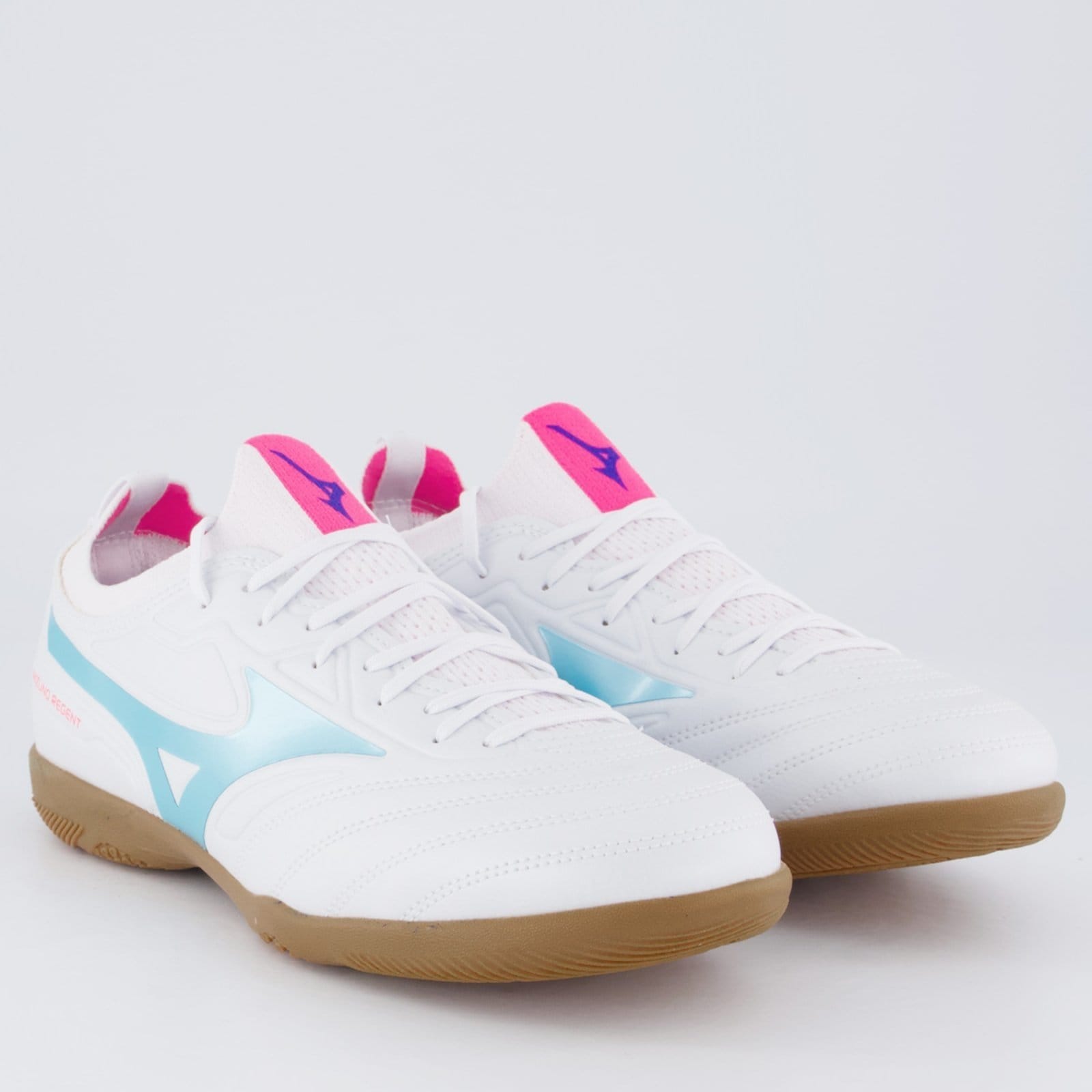 Vista 2 Chuteira Mizuno Regent IN Futsal Branca e Azul Mizuno branco azul