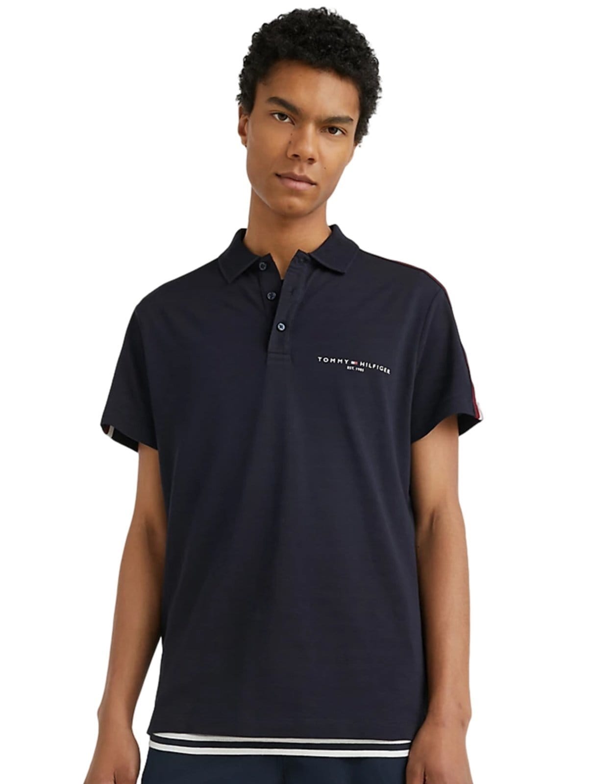 Vista principal Polo Tommy Hilfiger Masculina Regular Global Stripe Shoulder Tommy Hilfiger azul marinho