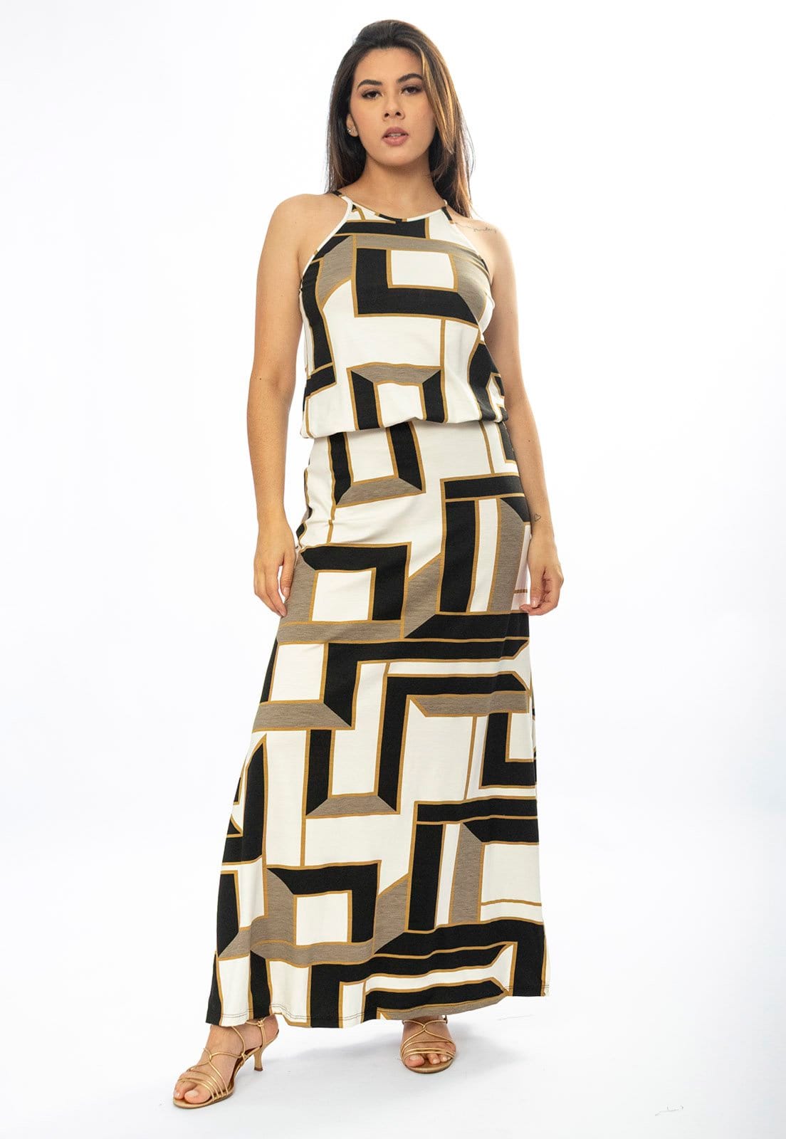 Vista 2 Vestido Longo Cabanafree Malha Trapézio com Elástico na Cintura Igaci Cabanafree estampado/marrom/off-white