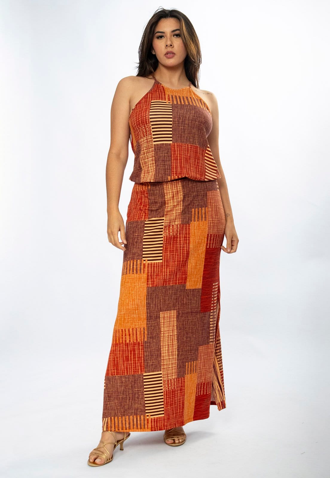 Vestido Longo Amazônia Vital Malha Trapézio com Elástico na Cintura Tramas do Sol