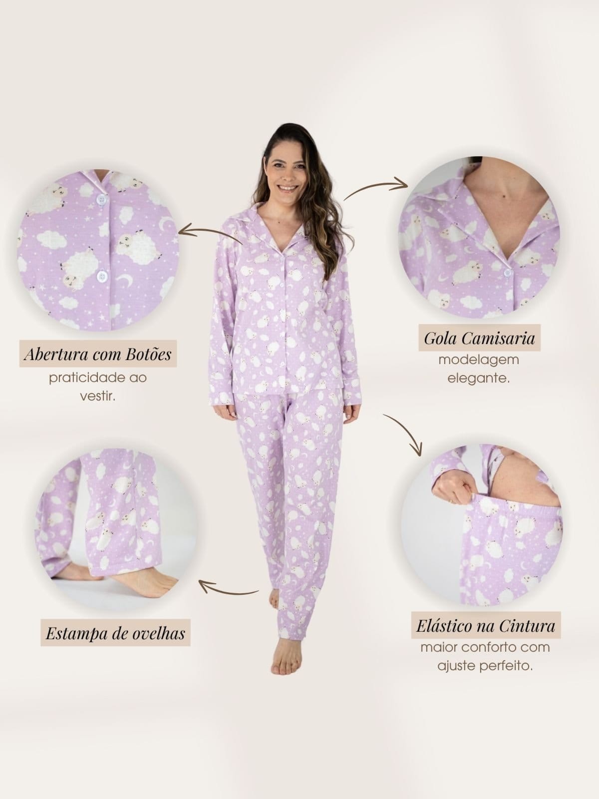 Vista 2 Pijama Americano Manga Curta Flávia - Ovelha Piante lilás