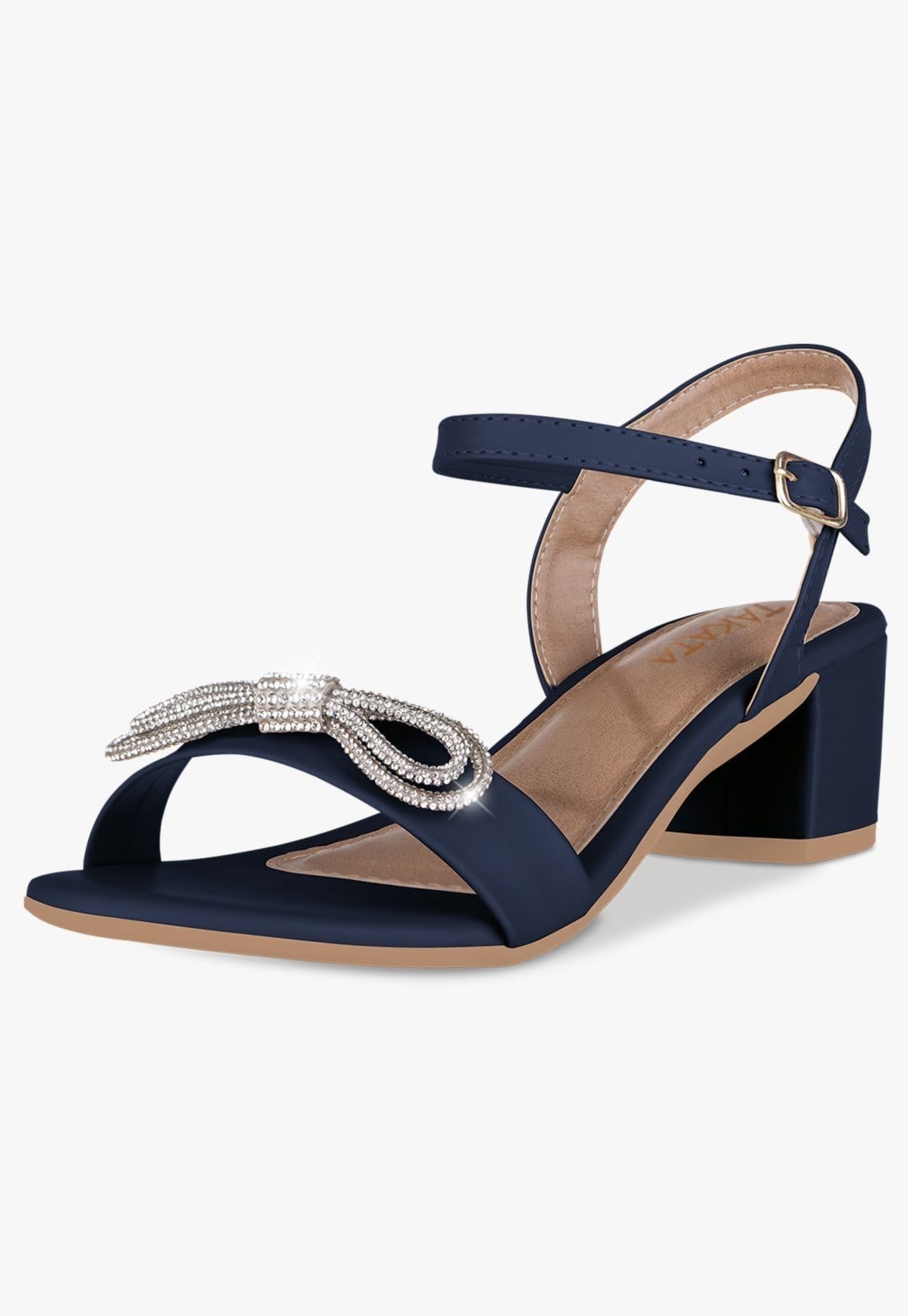 Sandália Feminina Salto Baixo Bloco Grosso Casual Confortável Laço Brilho Strass Marinho