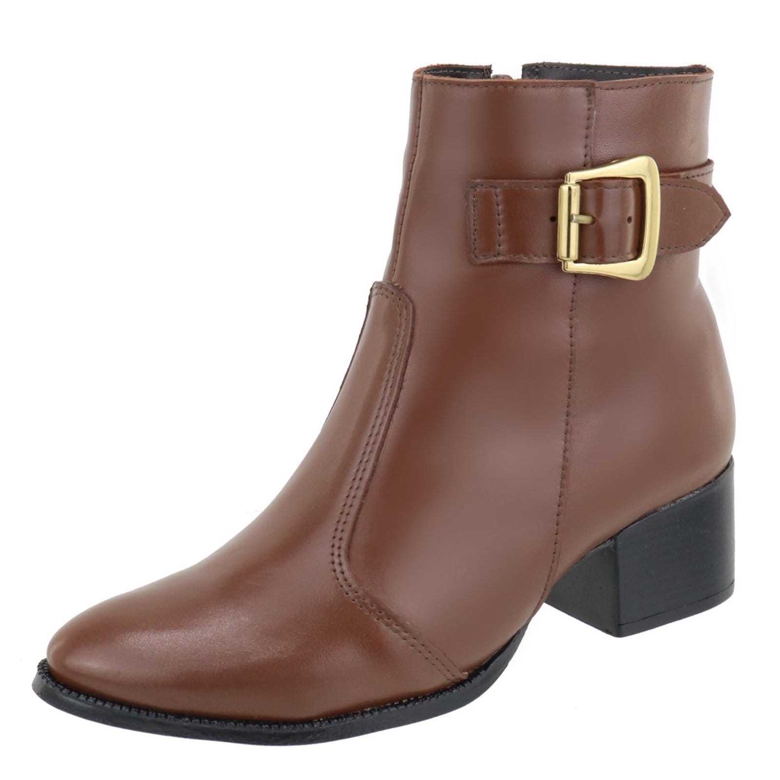 Vista principal Bota em Couro Feminina Salto Cano Baixo Fivela Bico Fino Conhaque TELLINI STORE caramelo