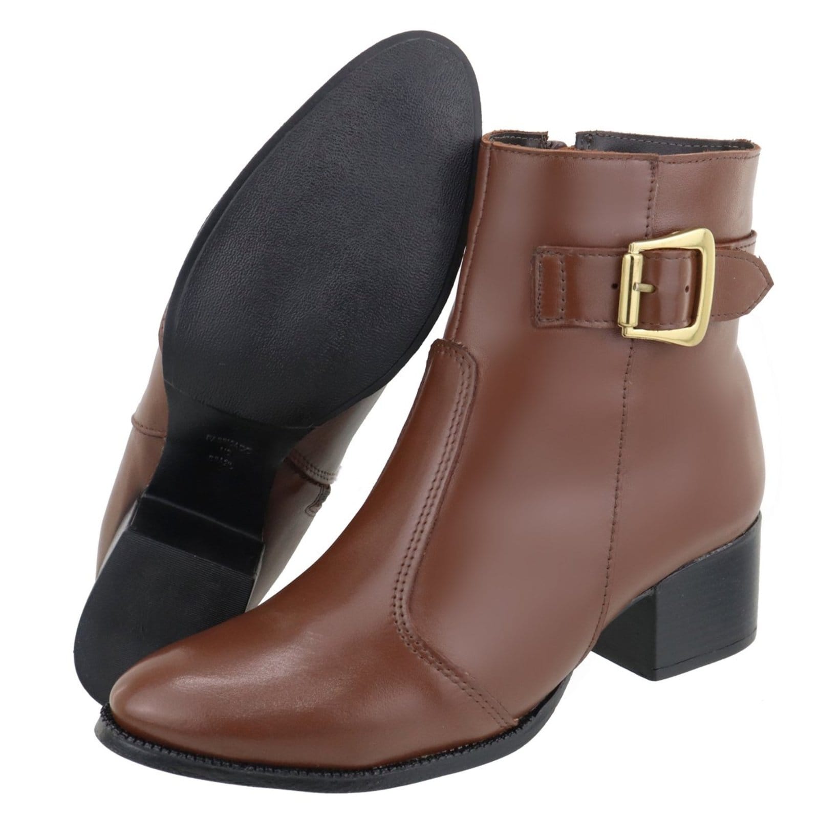 Vista 2 Bota em Couro Feminina Salto Cano Baixo Fivela Bico Fino Conhaque TELLINI STORE caramelo