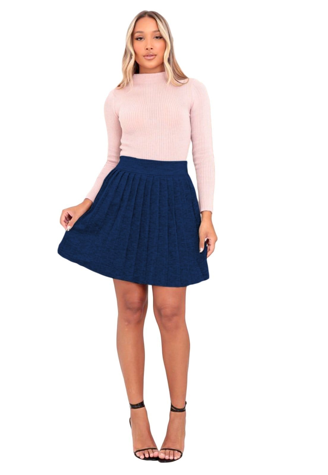 Saia Curto YWC ind Tricot Modal Mousse Prega Plissada Colegial Azul-marinho