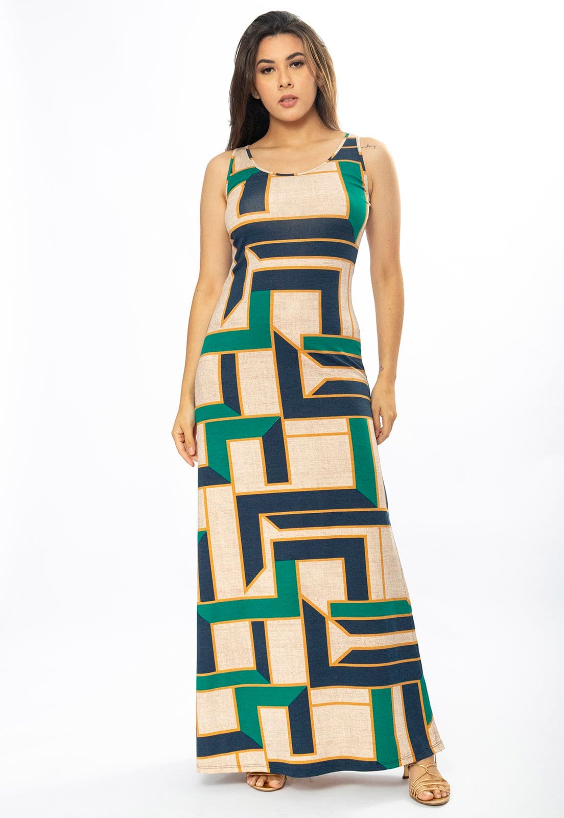 Vestido Longo Cabanafree Butiá Malha Regata Estampa Chapada de Areia