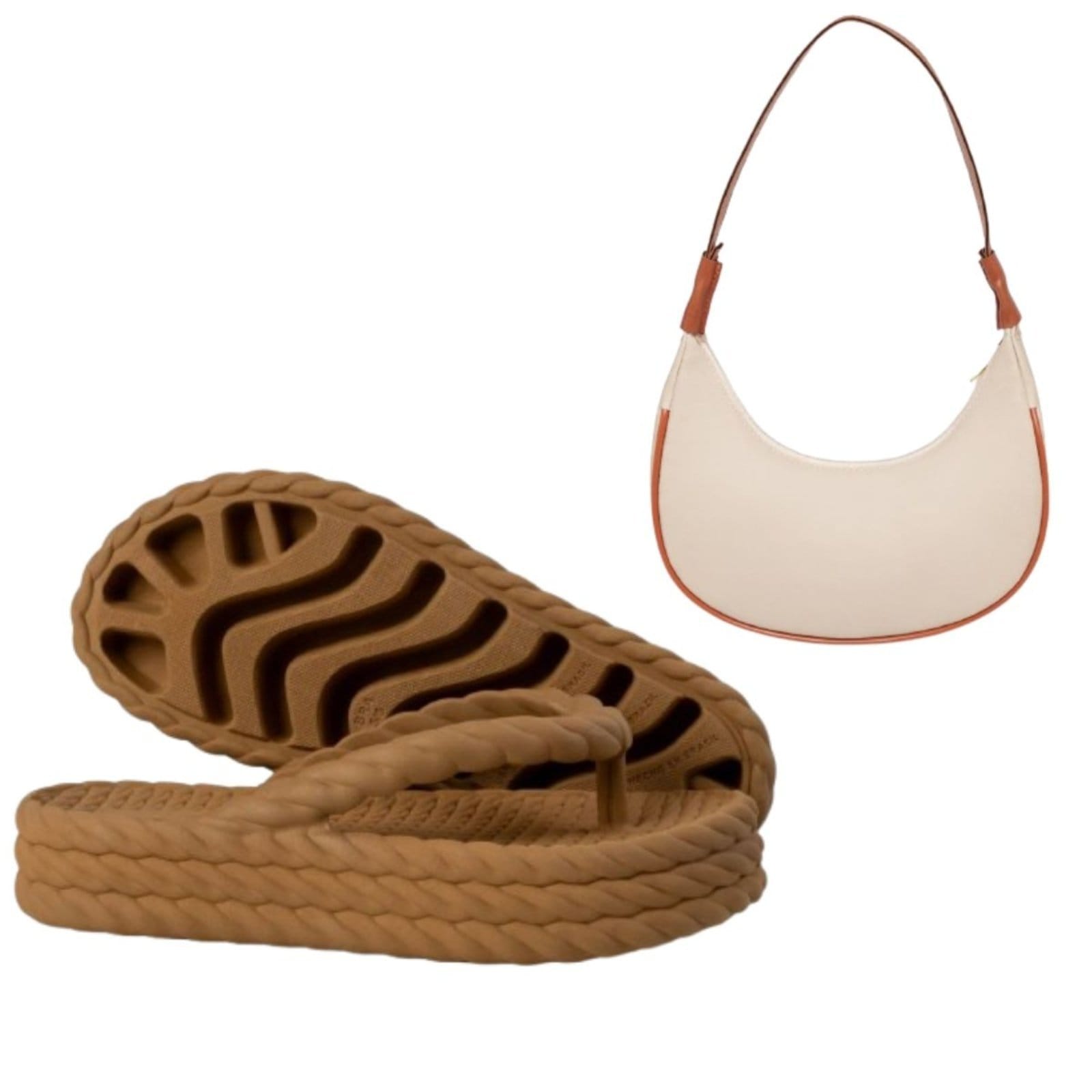 Vista principal Kit Chinelo Feminino Casual Anna Andrade Sandália Tamanco Plataforma E Bolsa Ombro e Anna Andrade bege/caramelo