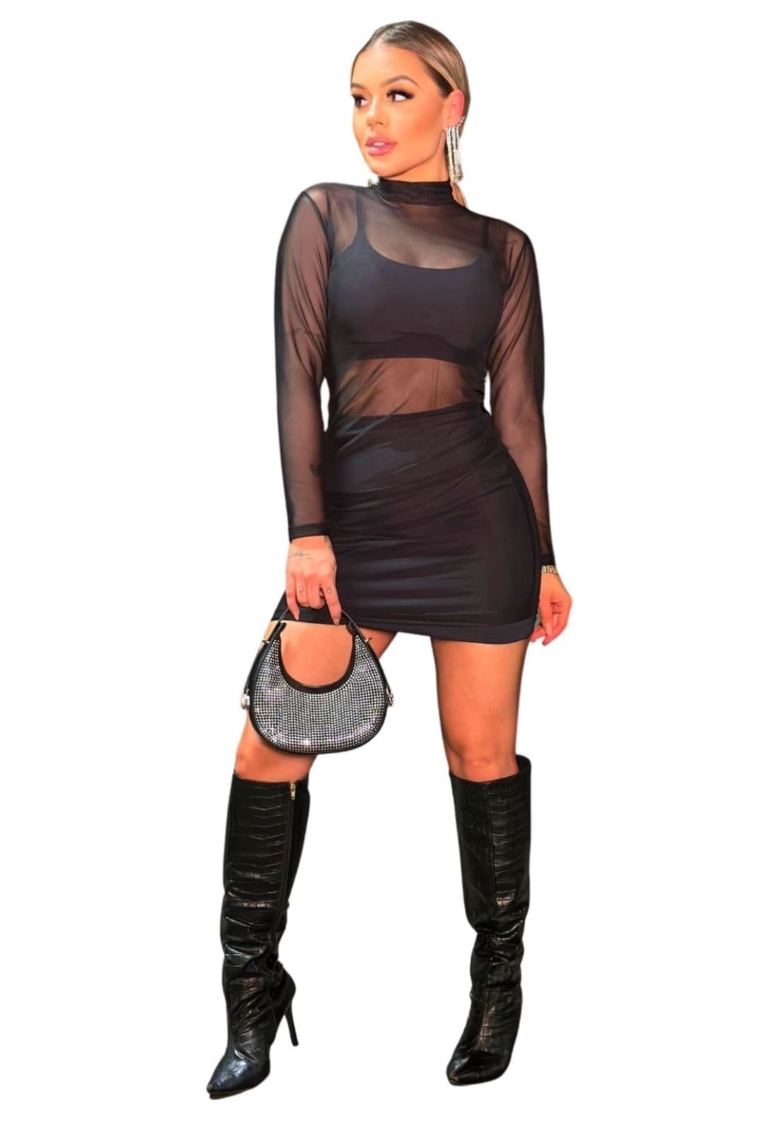 Vista principal Vestido Carnaval 3 Peças Curto Manga Longa Tule Com Transparência Balada Cia do Vestido preto