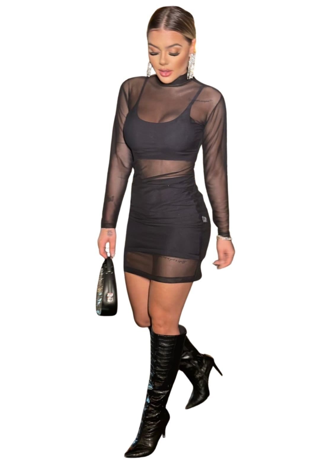 Vista 2 Vestido Carnaval 3 Peças Curto Manga Longa Tule Com Transparência Balada Cia do Vestido preto